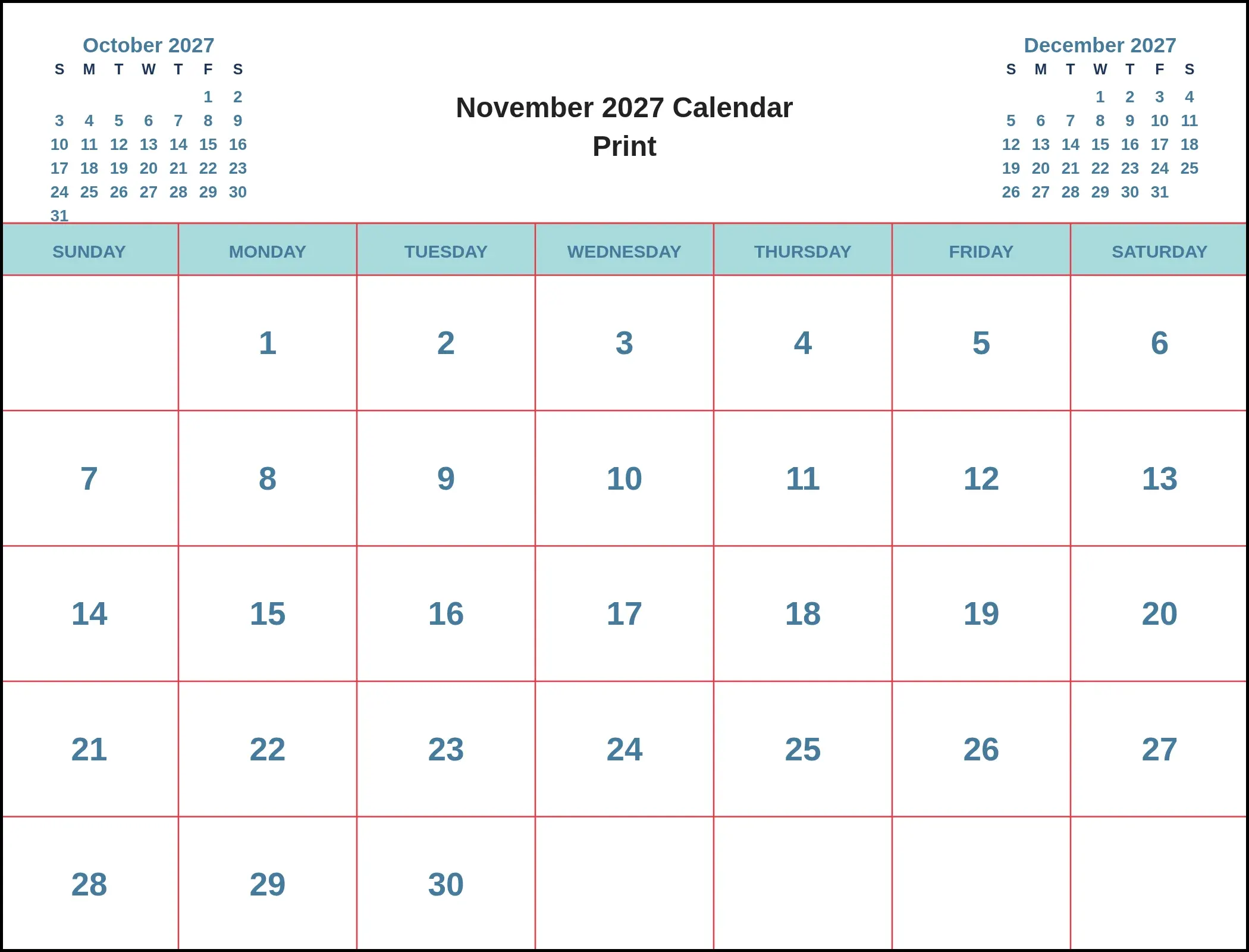 November 2027 Calendar Print With Three Month View November 2027 Calendar Print With Three Month View
