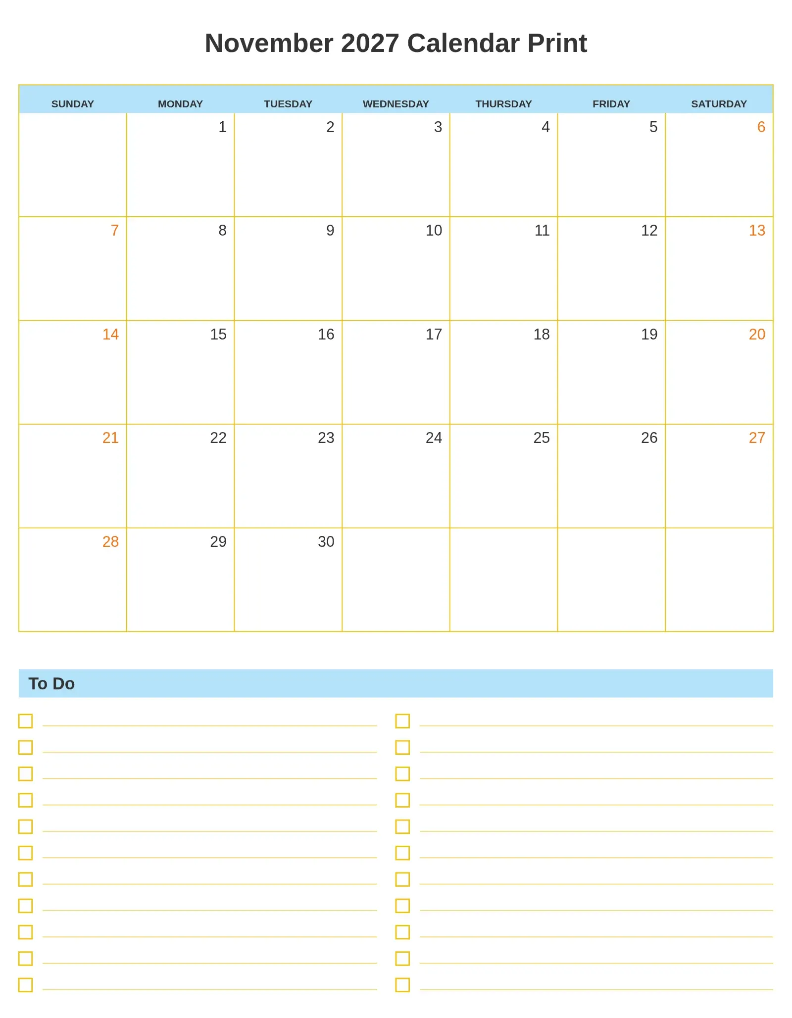 November 2027 Calendar Print With To Do List Bottom Portrait