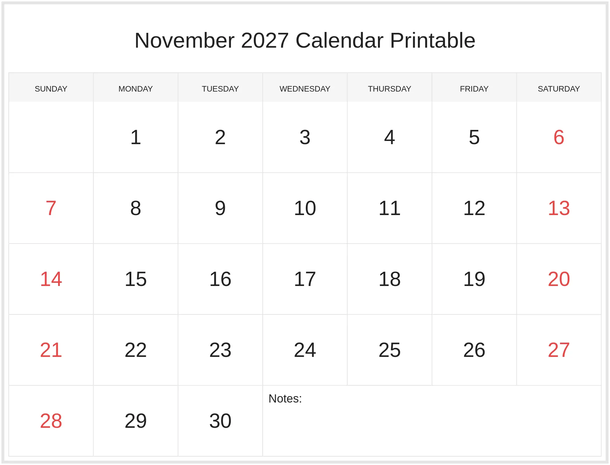 November 2027 Calendar Printable with Notes Bottom Landscape November 2027 Calendar Printable with Notes Bottom Landscape