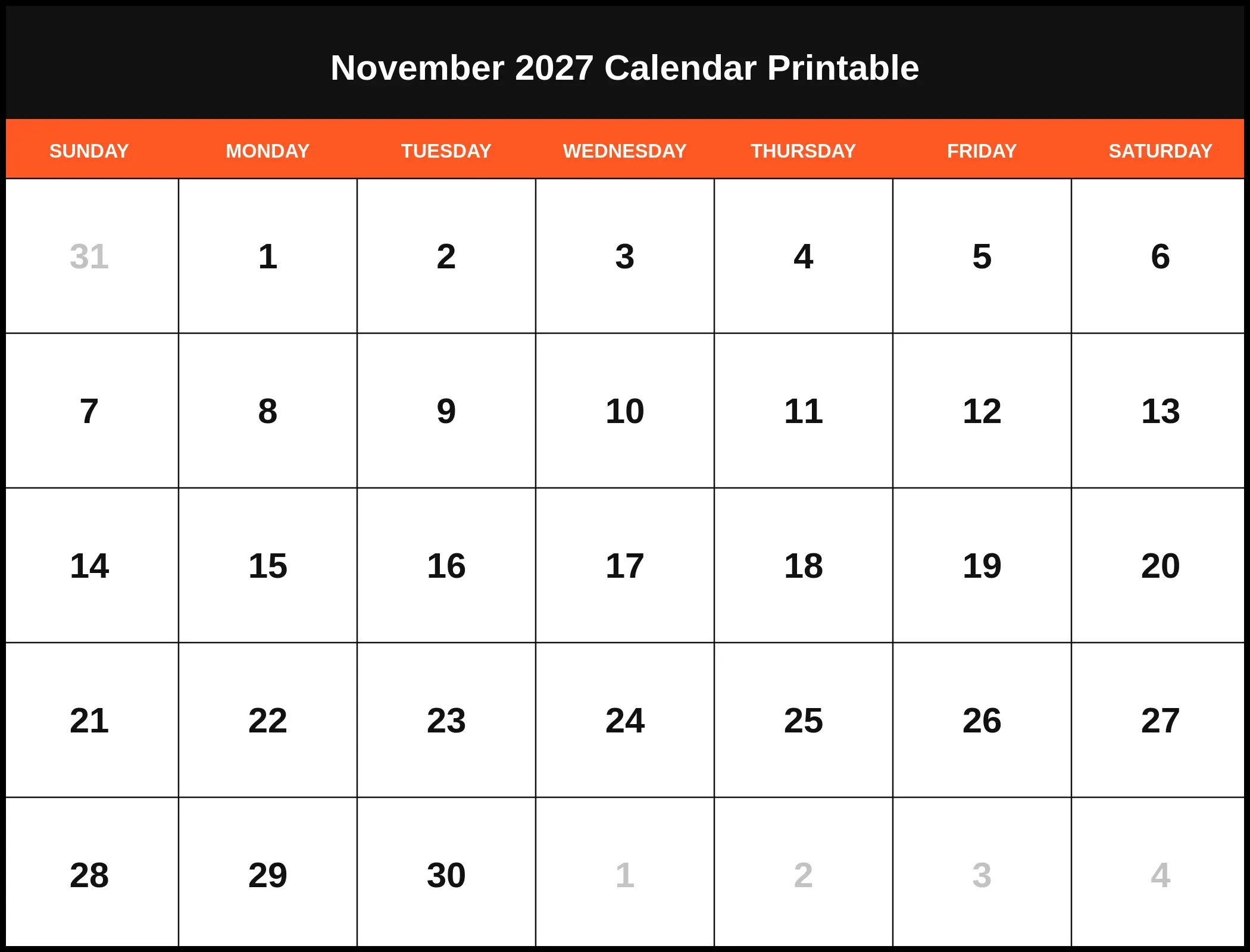 November 2027 Calendar Printable