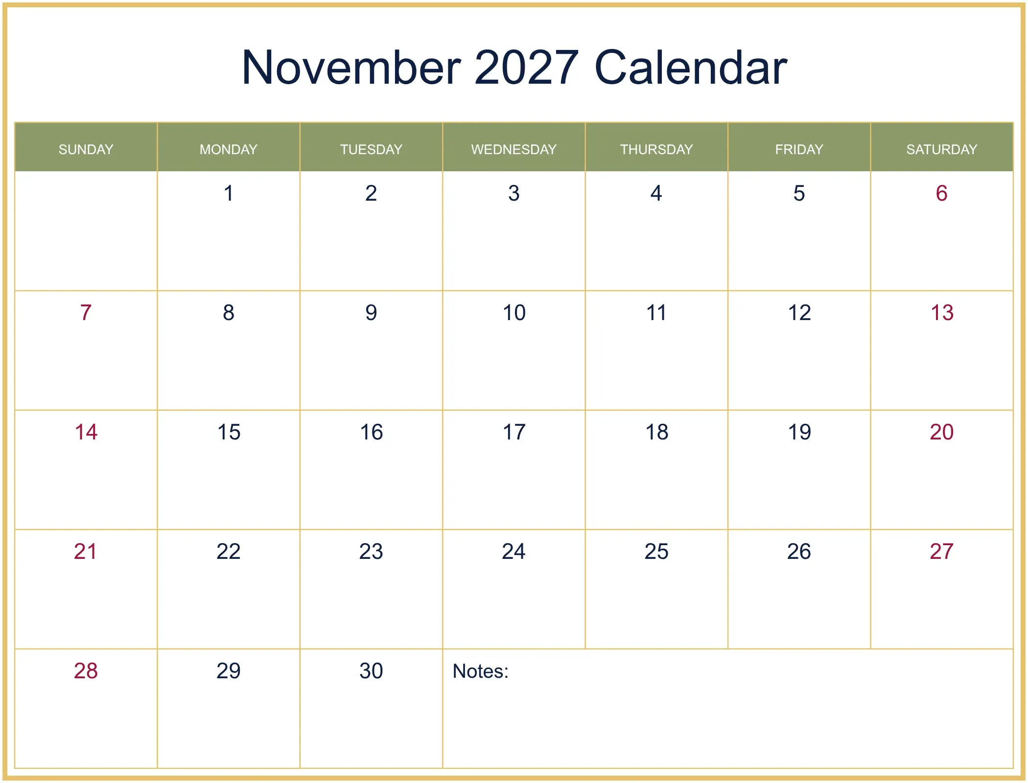 November 2027 Calendar with Notes Bottom Landscape