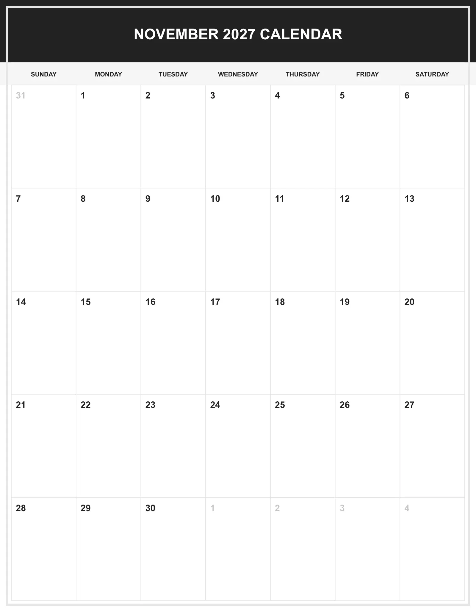 November 2027 Calendar With Portrait Template November 2027 Calendar With Portrait Template