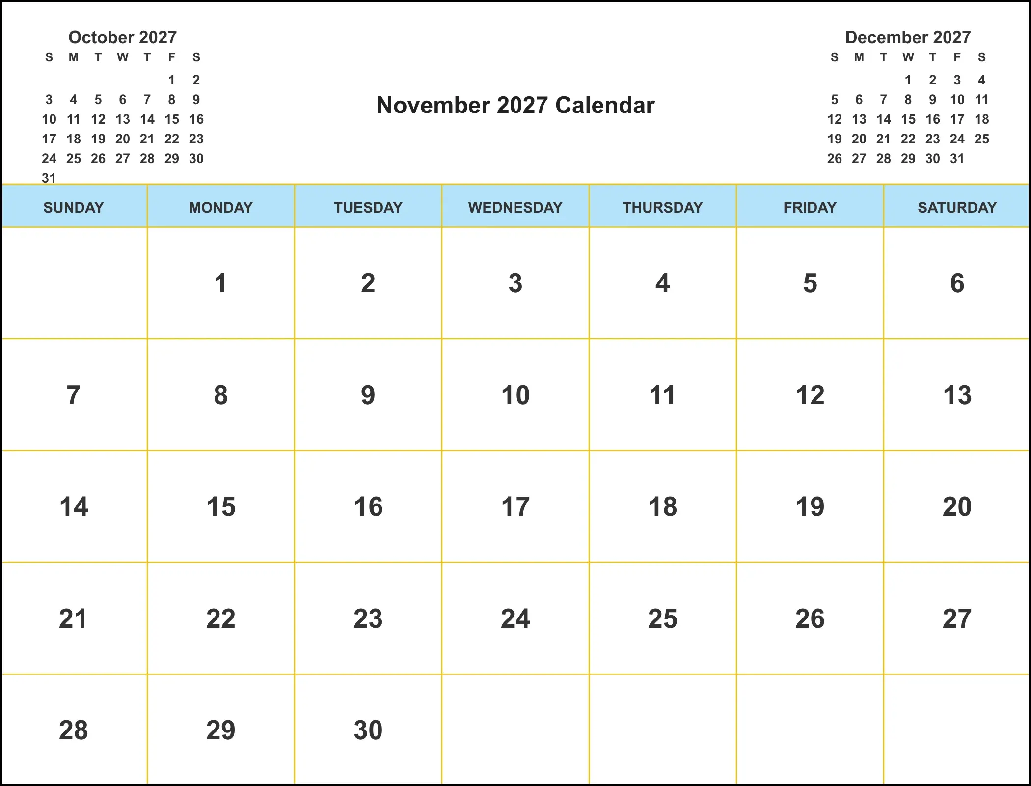 November 2027 Calendar With Three Month View