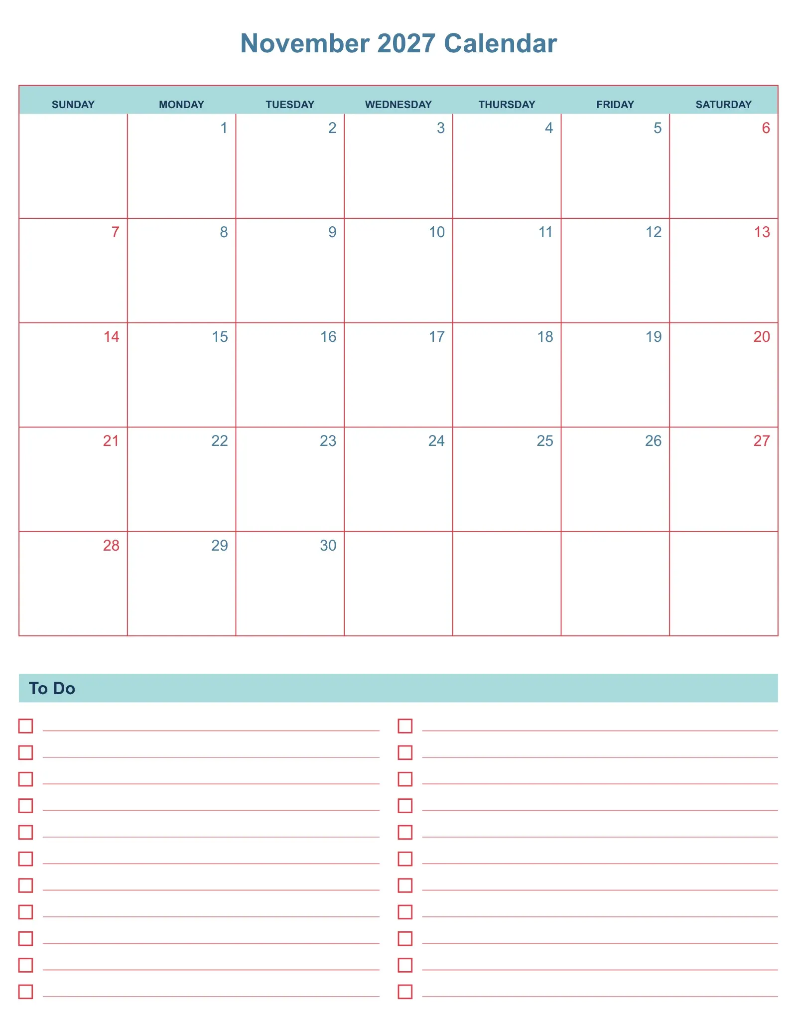 November 2027 Calendar With To Do List Bottom Portrait November 2027 Calendar With To Do List Bottom Portrait