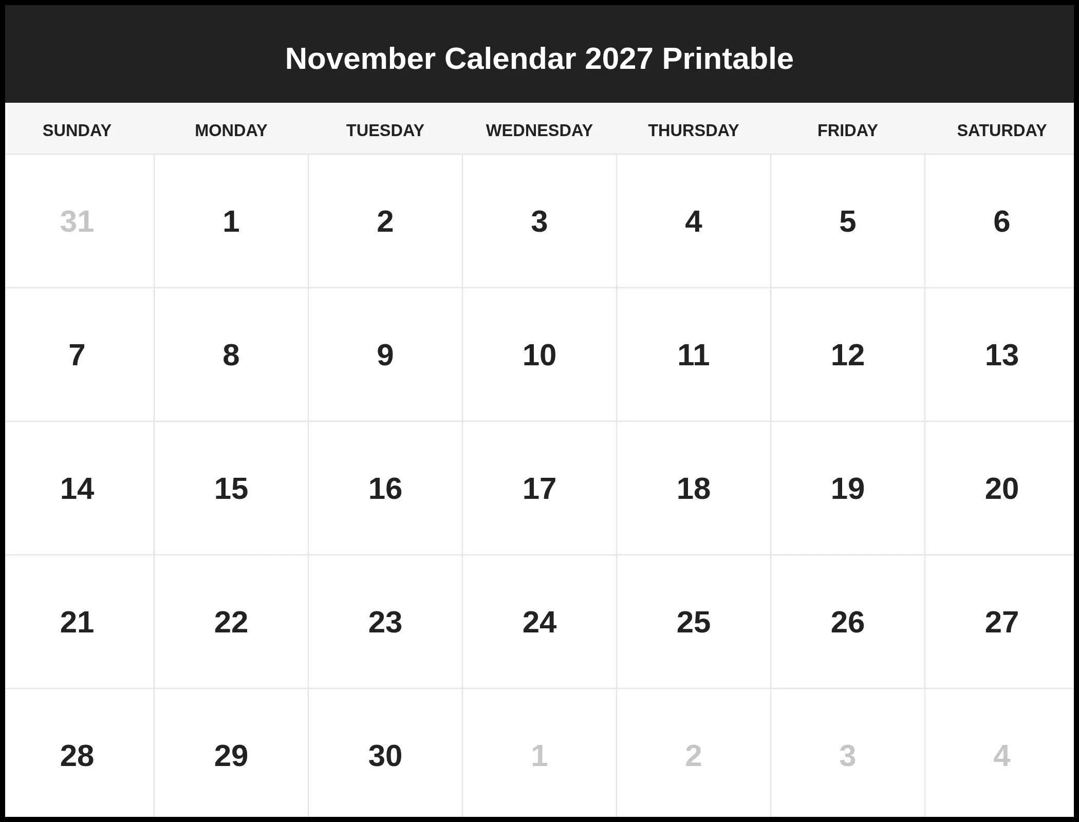 November Calendar 2027 Printable Pdf November Calendar 2027 Printable Pdf