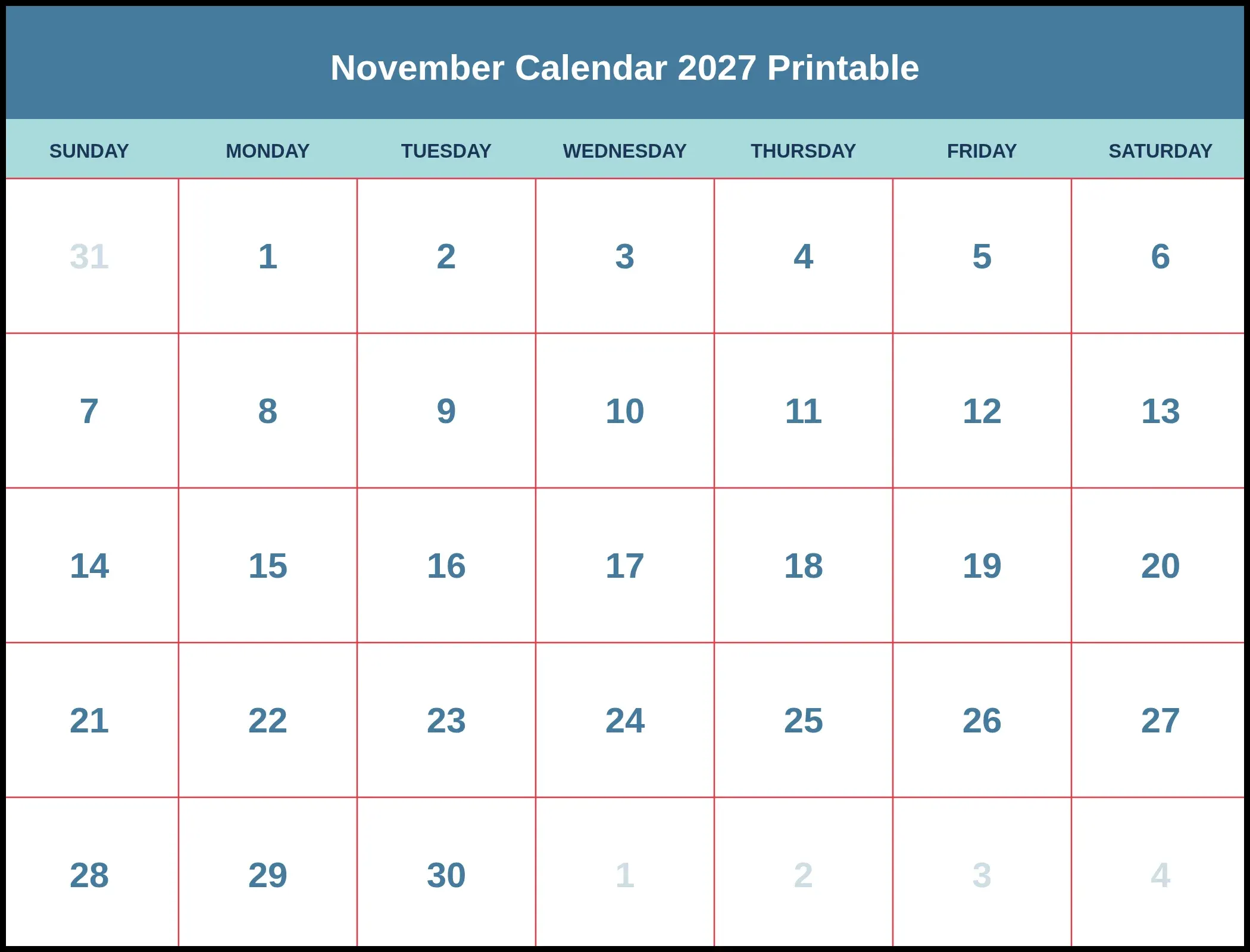 November Calendar 2027 Printable November Calendar 2027 Printable