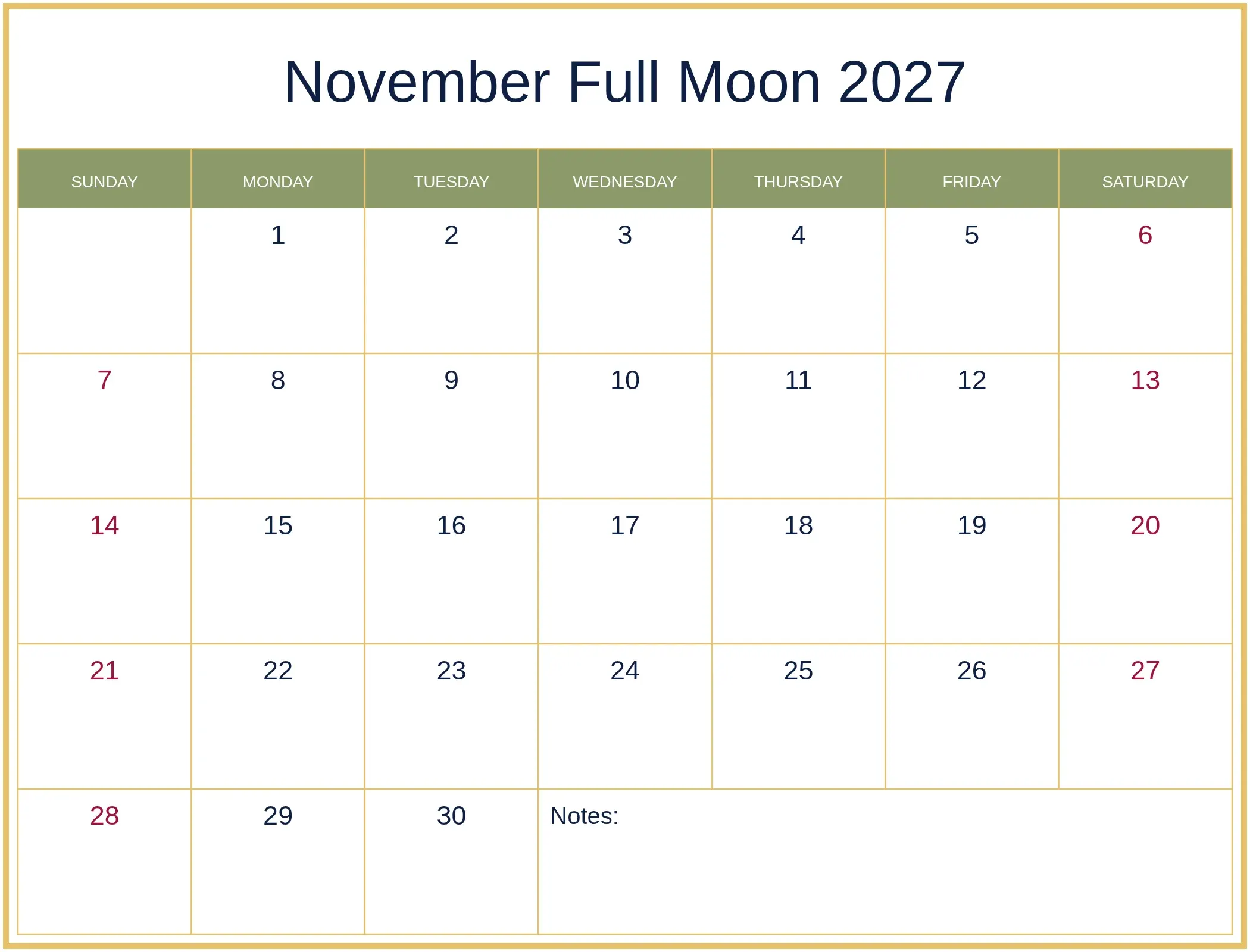 November Full Moon 2027 with Notes Bottom Landscape November Full Moon 2027 with Notes Bottom Landscape