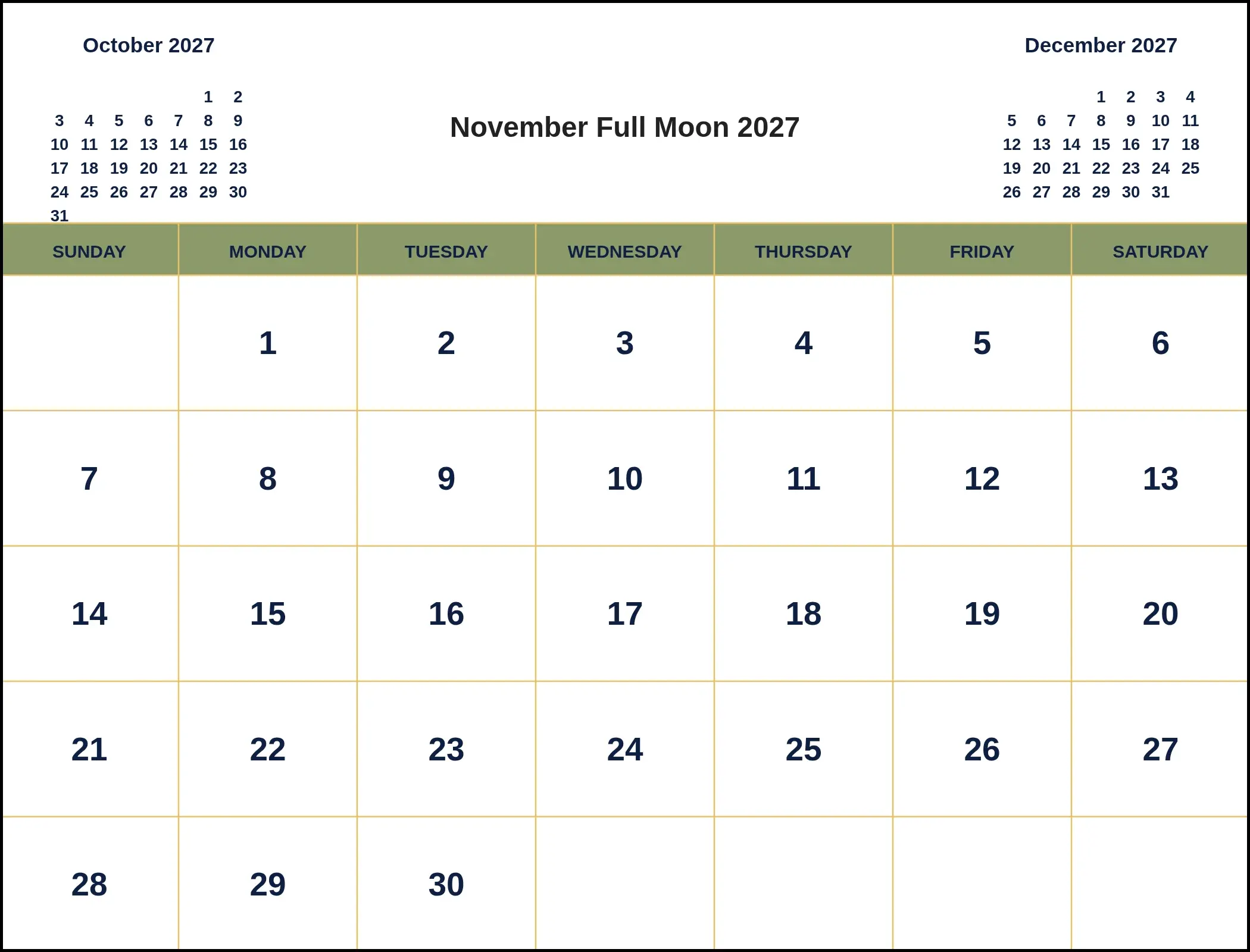 November Full Moon 2027 With Three Month View