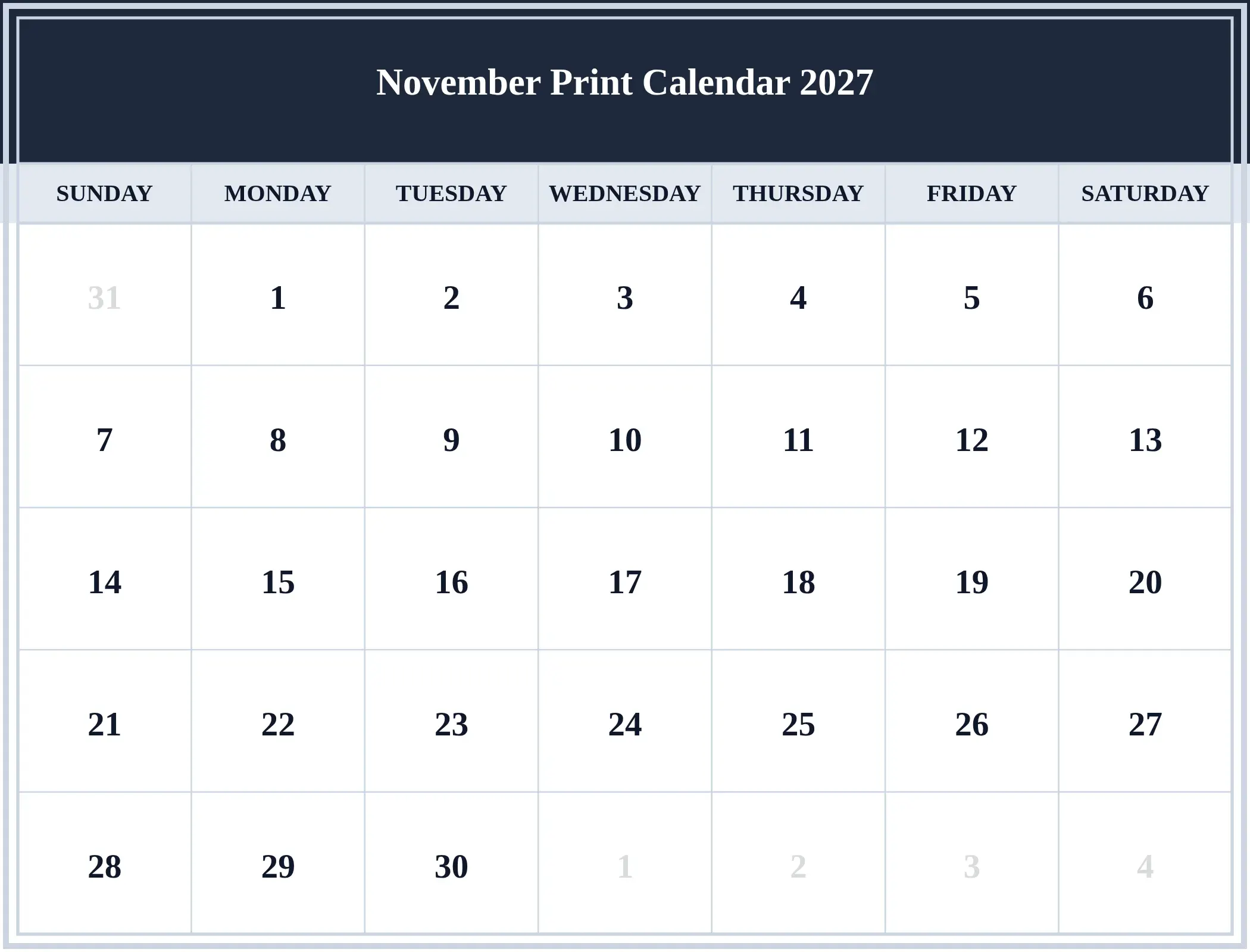November Print Calendar 2027 Download Landscape November Print Calendar 2027 Download Landscape