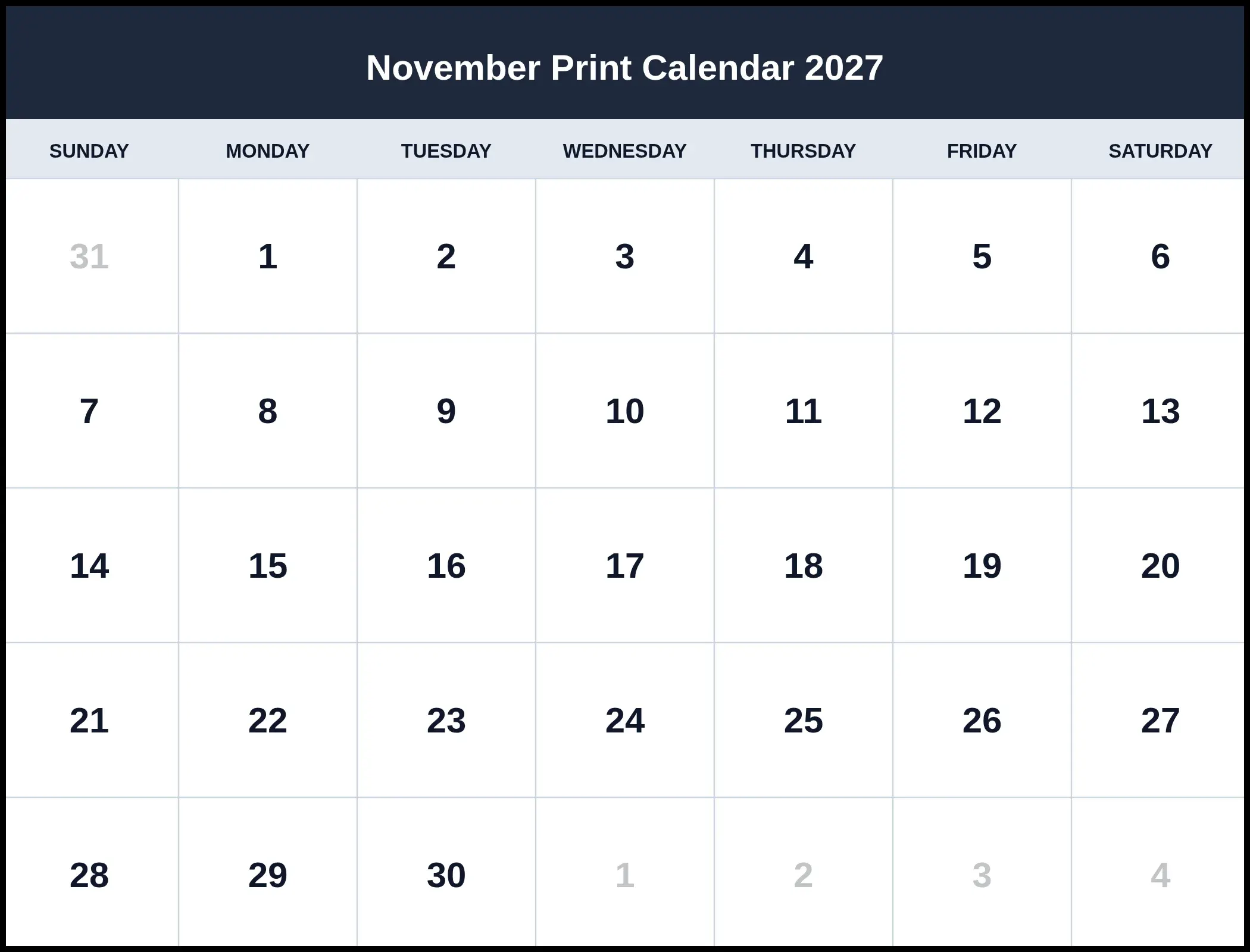 November Print Calendar 2027 Pdf November Print Calendar 2027 Pdf