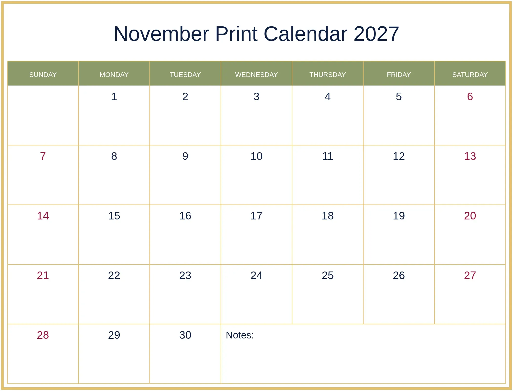 November Print Calendar 2027 with Notes Bottom Landscape November Print Calendar 2027 with Notes Bottom Landscape