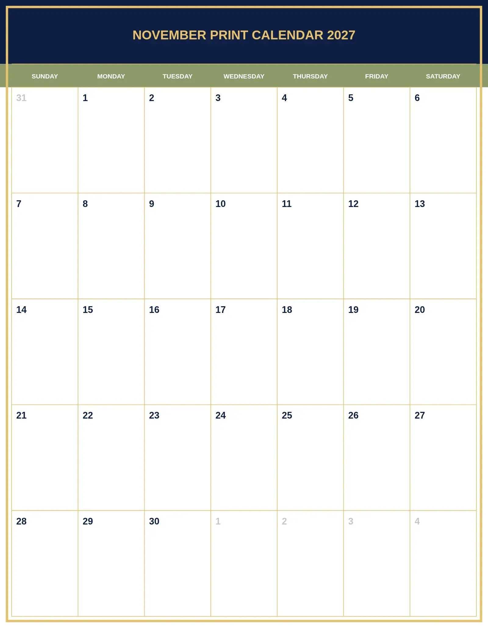 November Print Calendar 2027 With Portrait Template