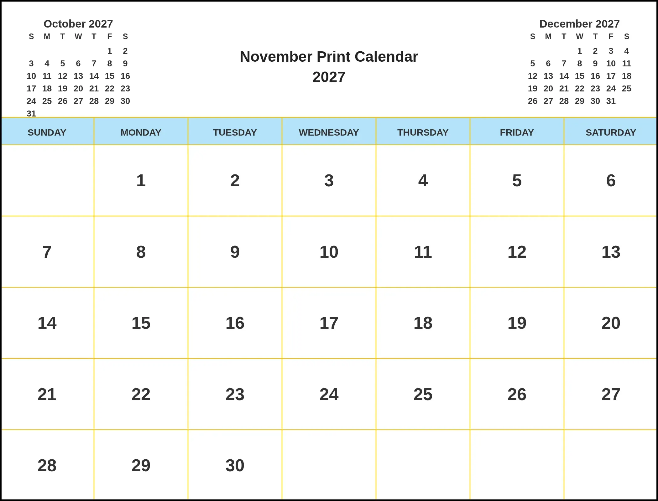 November Print Calendar 2027 With Three Month View November Print Calendar 2027 With Three Month View