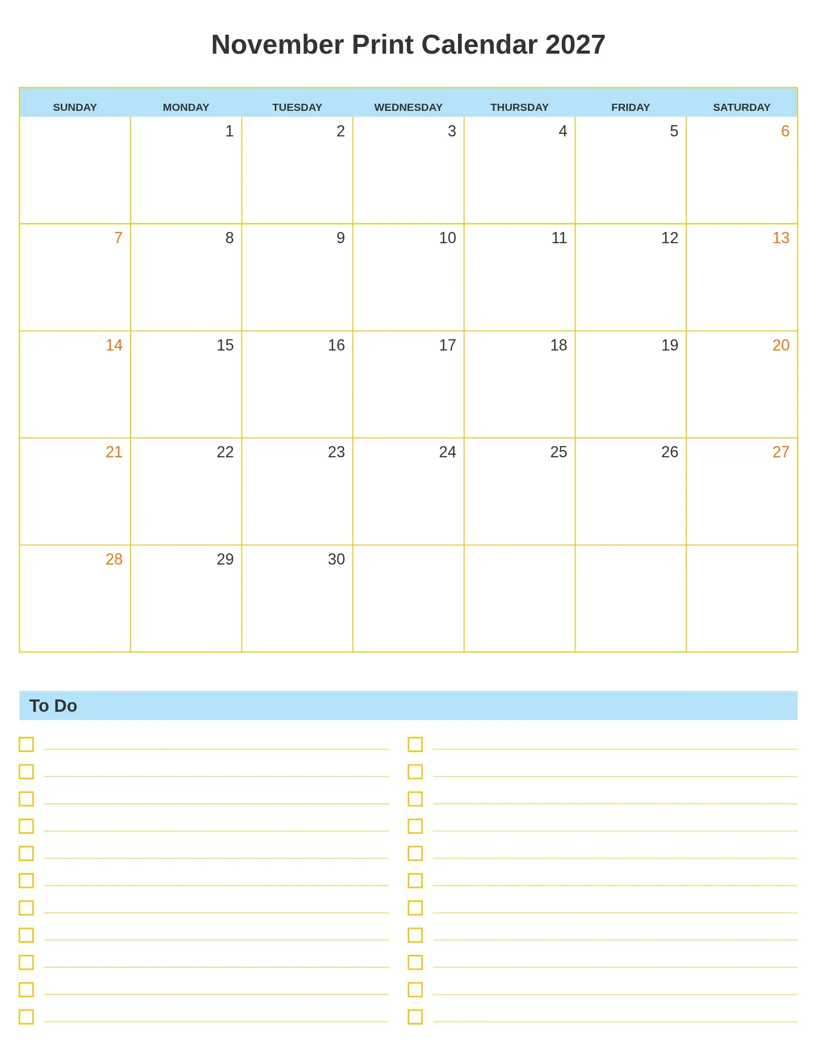 November Print Calendar 2027 With To Do List Bottom Portrait