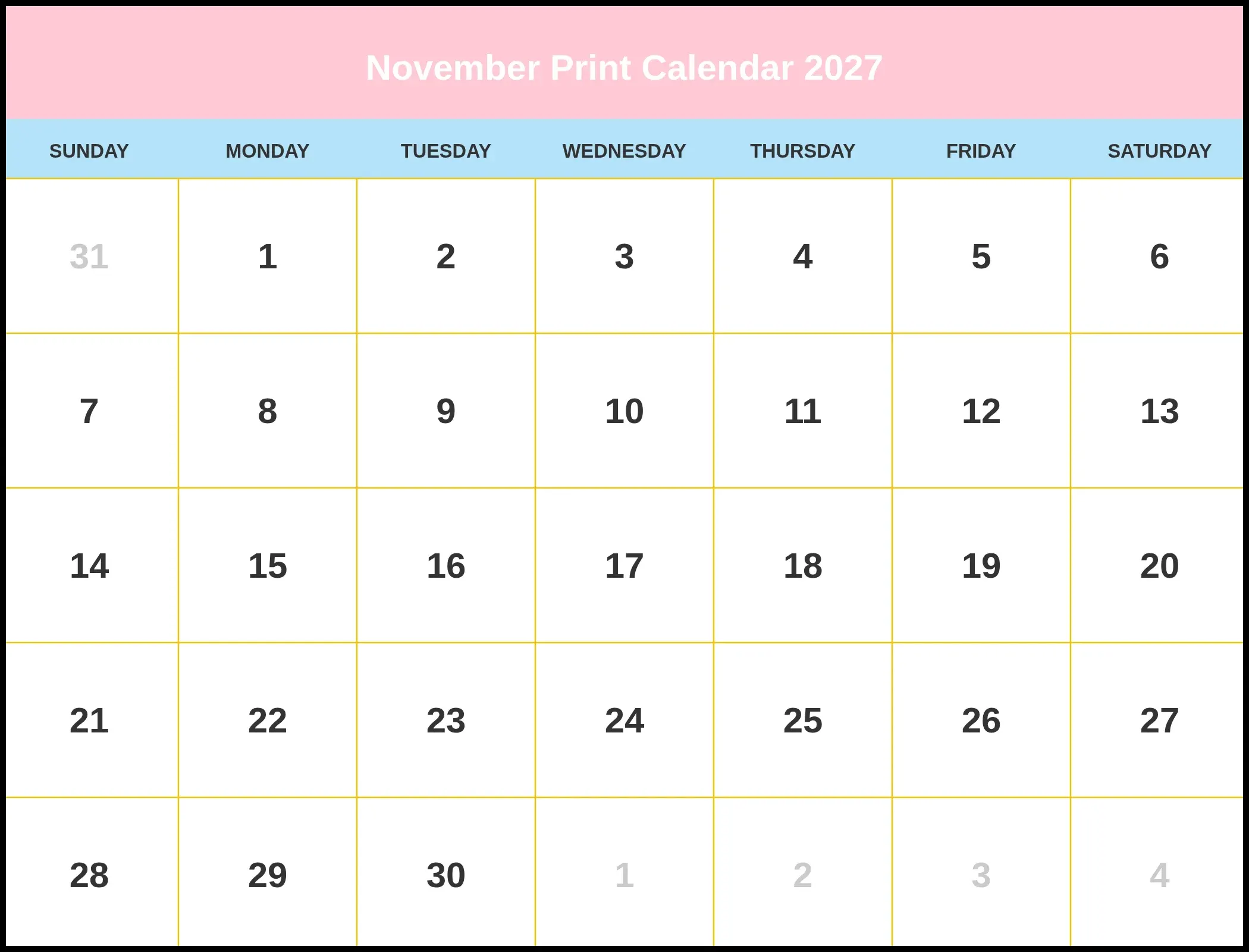 November Print Calendar 2027 November Print Calendar 2027