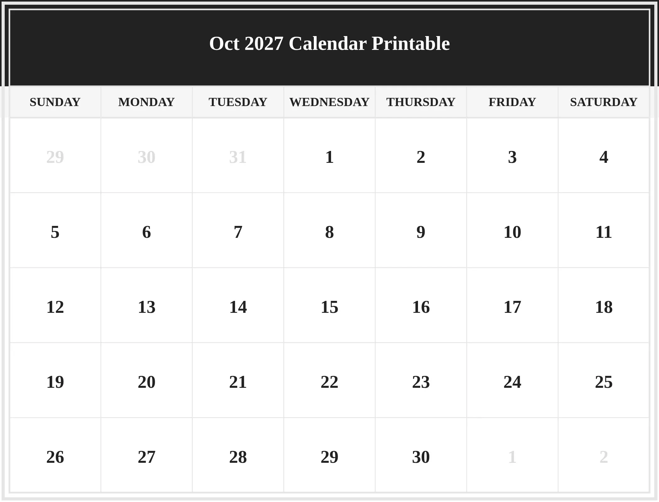 Oct 2027 Calendar Printable Download Landscape Oct 2027 Calendar Printable Download Landscape