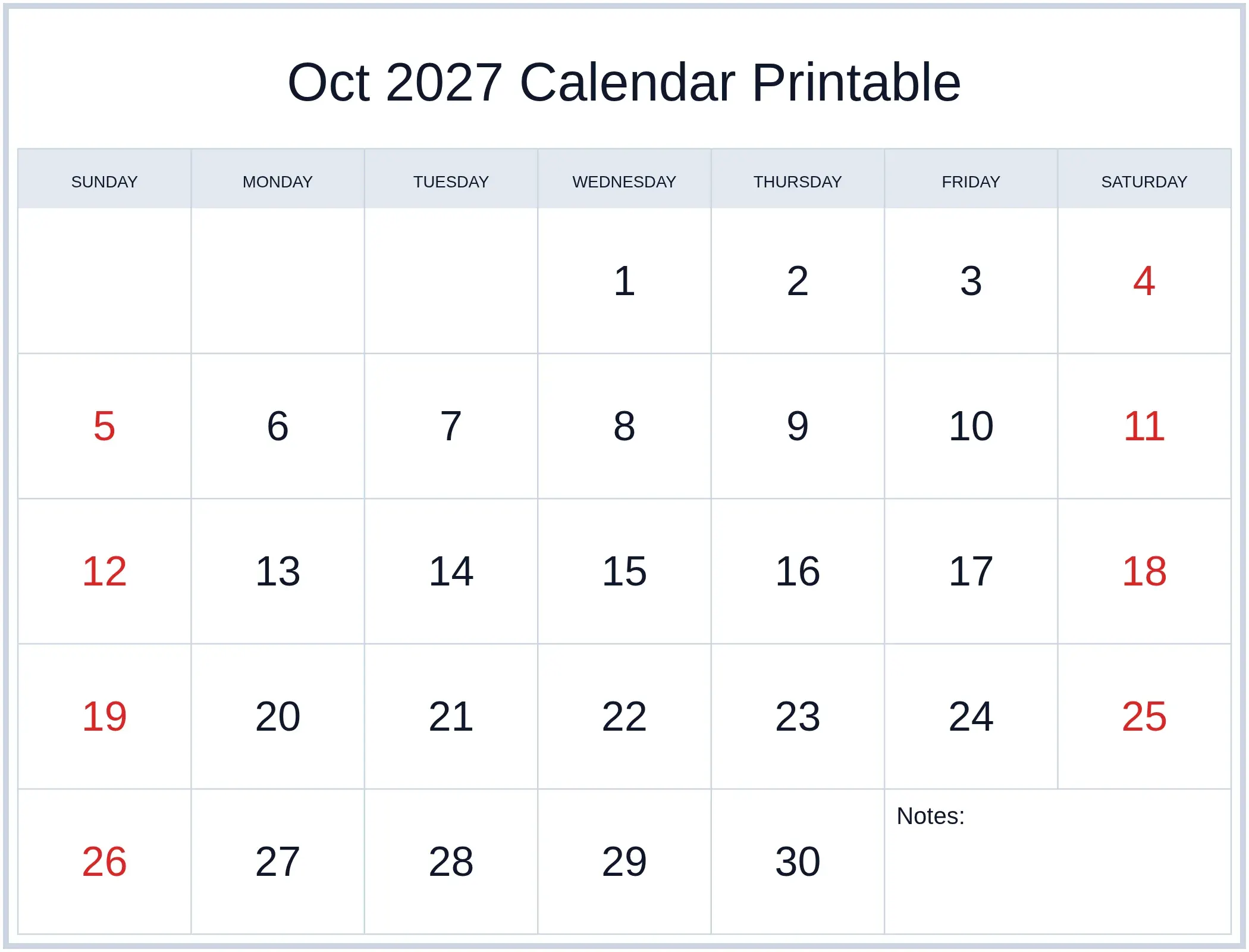 Oct 2027 Calendar Printable with Notes Bottom Landscape Oct 2027 Calendar Printable with Notes Bottom Landscape