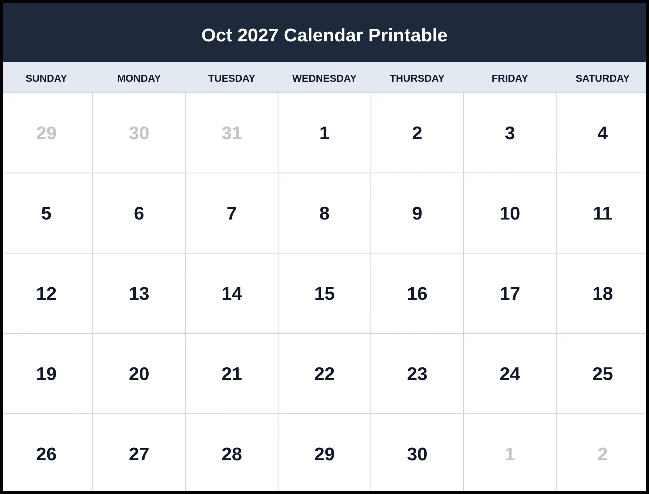 Oct 2027 Calendar Printable