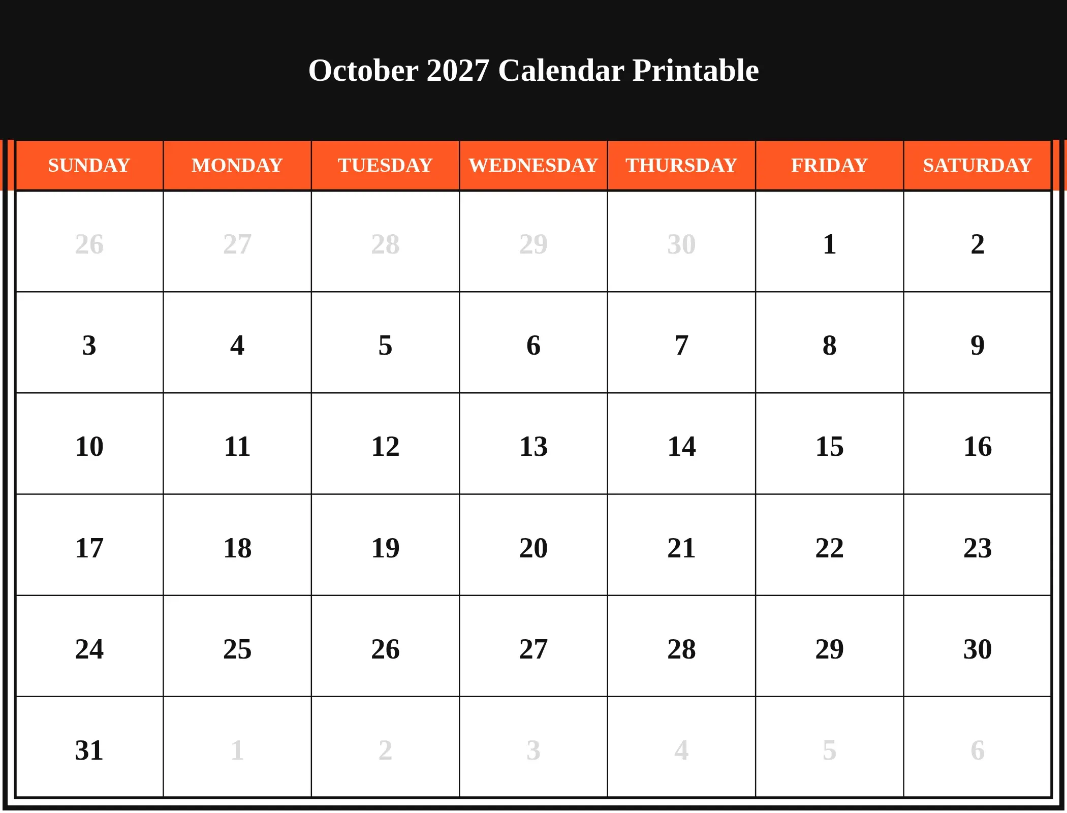 October 2027 Calendar Printable Download Landscape October 2027 Calendar Printable Download Landscape