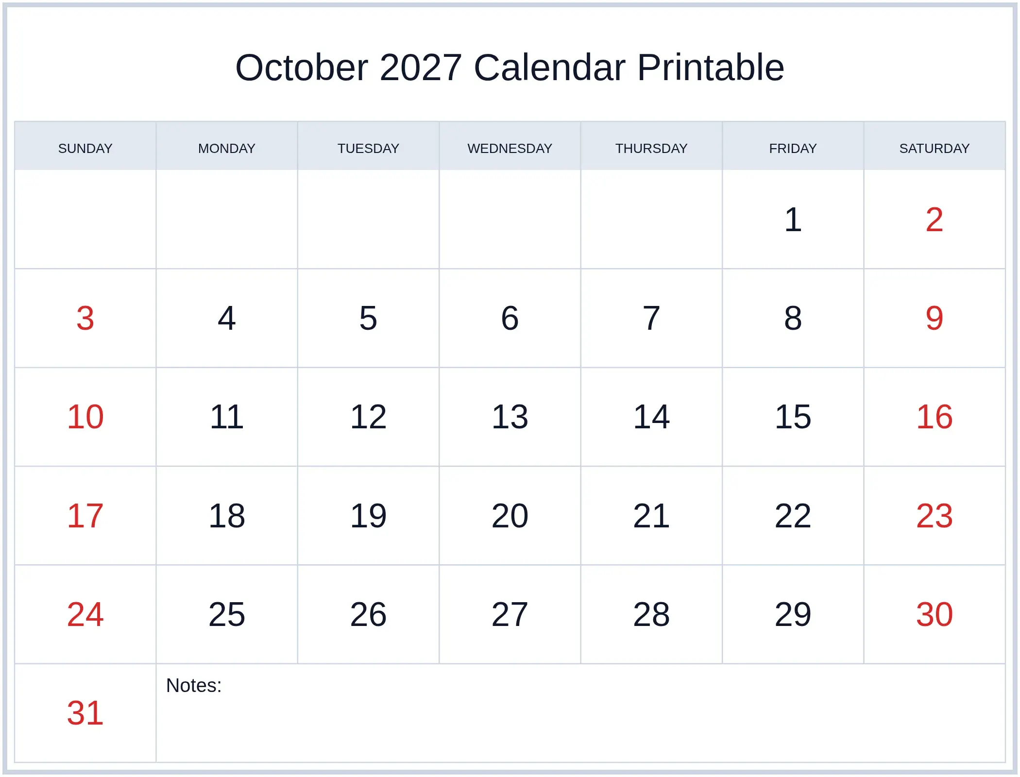 October 2027 Calendar Printable with Notes Bottom Landscape October 2027 Calendar Printable with Notes Bottom Landscape