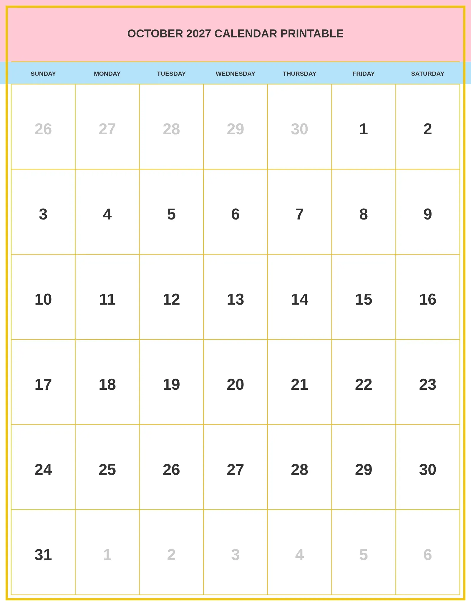 October 2027 Calendar Printable With Portrait Template October 2027 Calendar Printable With Portrait Template