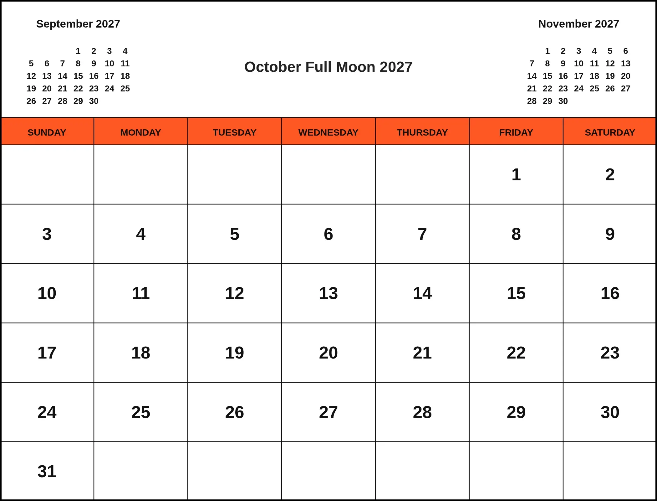 October Full Moon 2027 With Three Month View
