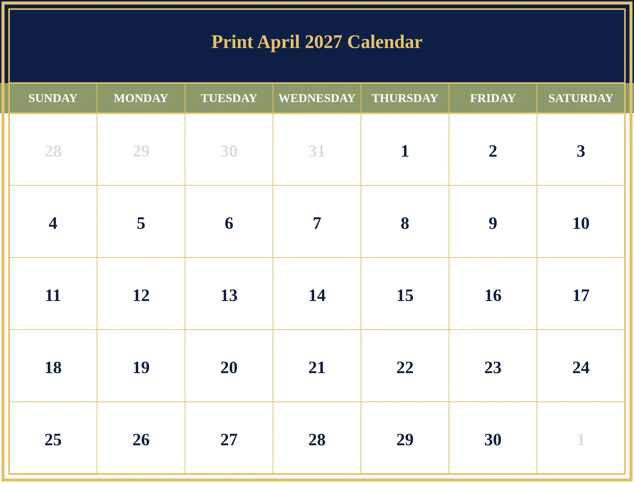 Print April 2027 Calendar Download Landscape