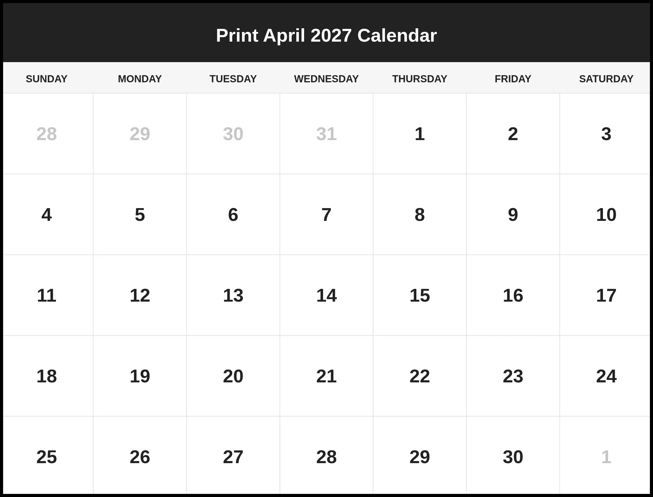 Print April 2027 Calendar Pdf