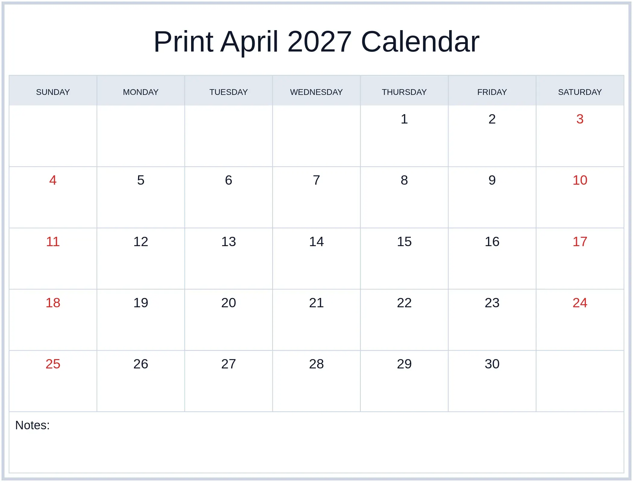 Print April 2027 Calendar with Notes Bottom Landscape Print April 2027 Calendar with Notes Bottom Landscape
