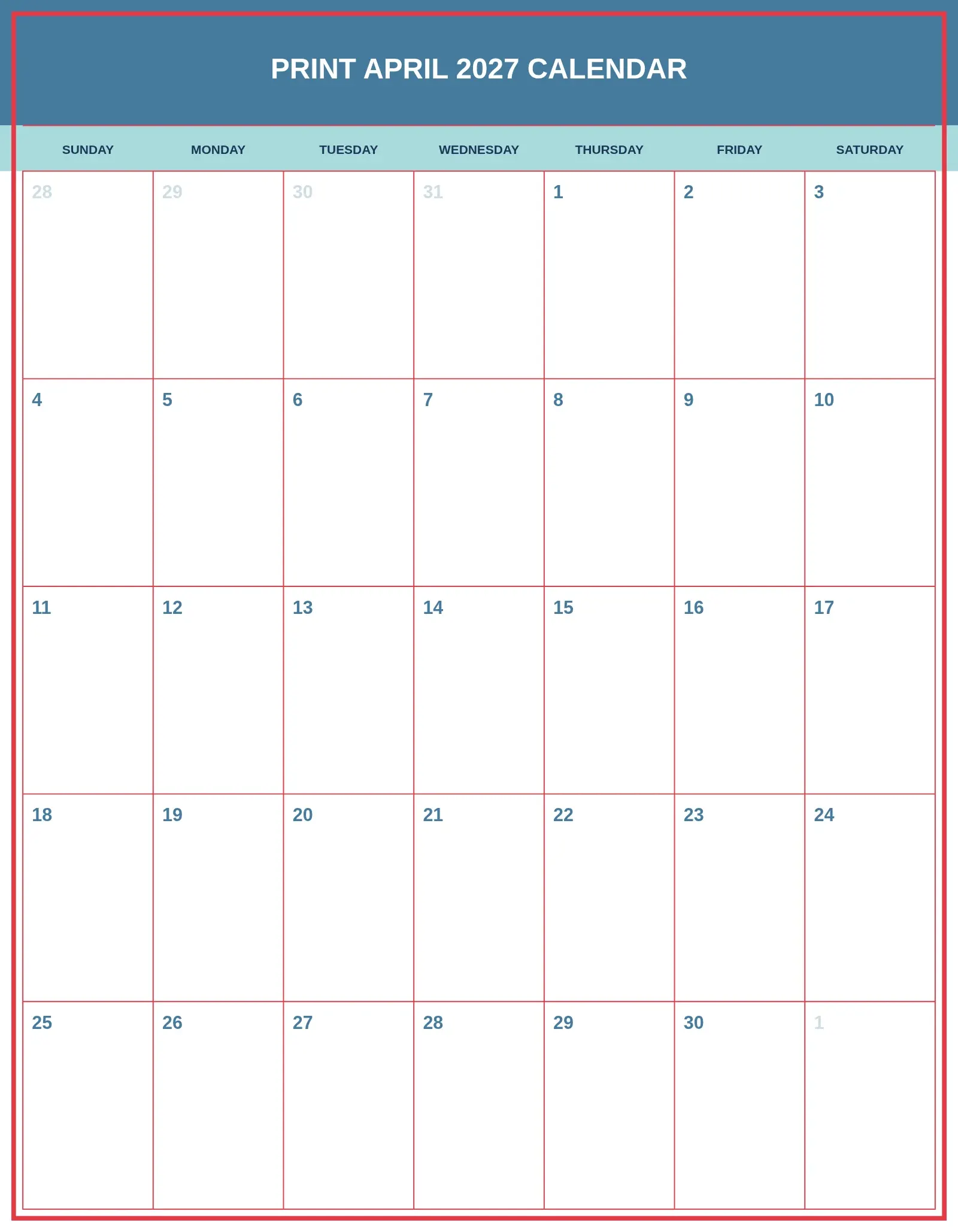 Print April 2027 Calendar With Portrait Template