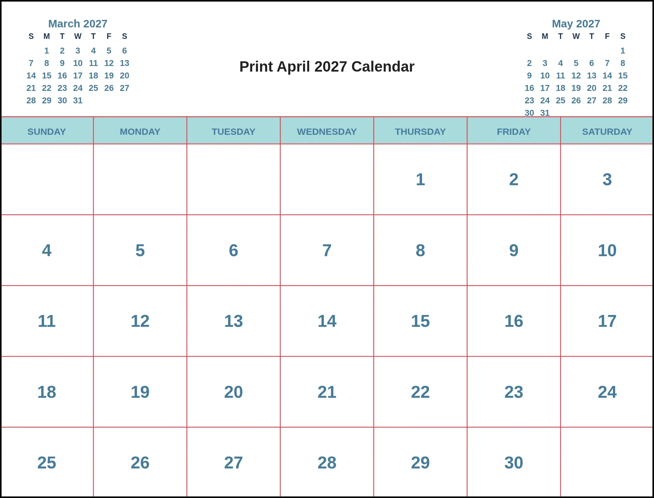Print April 2027 Calendar With Three Month View Print April 2027 Calendar With Three Month View