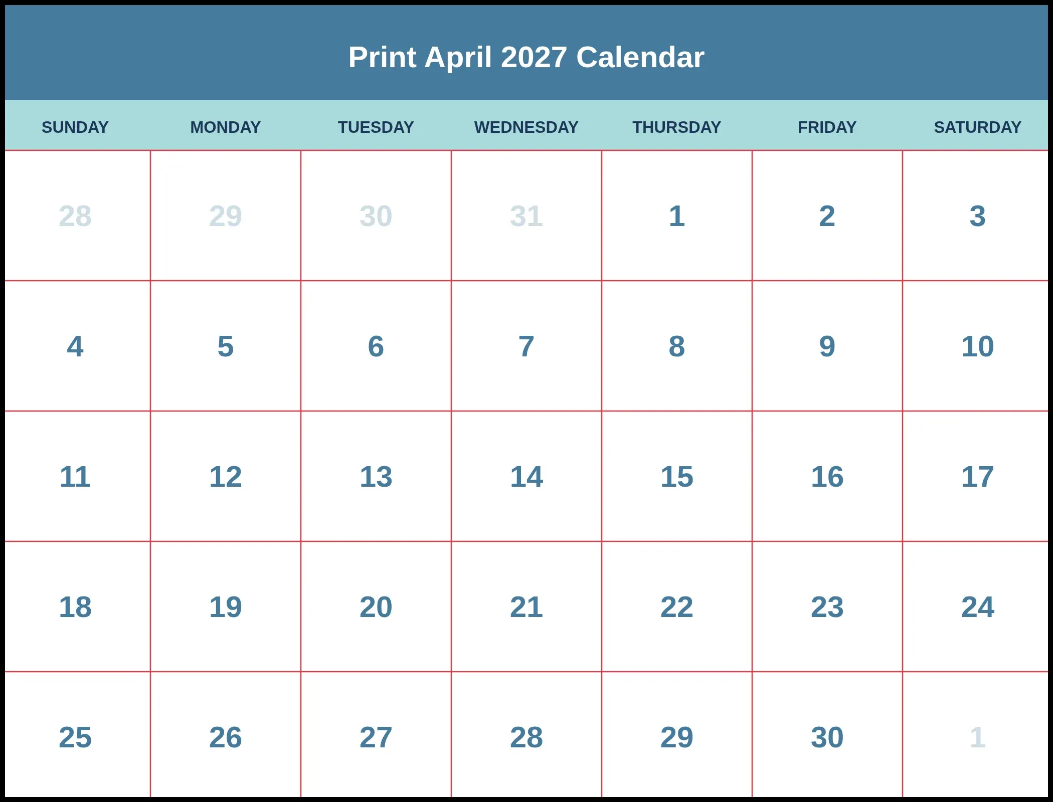 Print April 2027 Calendar Print April 2027 Calendar