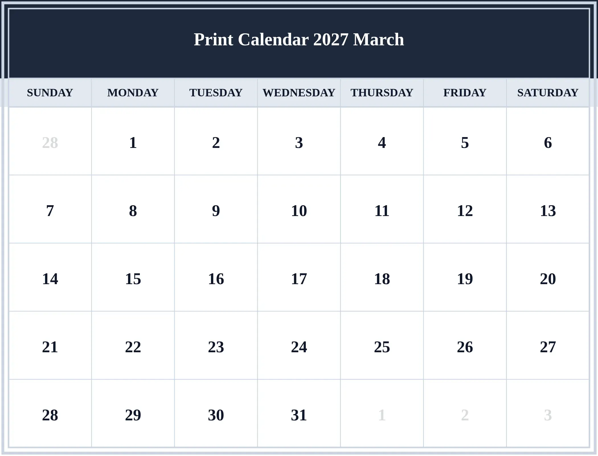 Print Calendar 2027 March Download Landscape