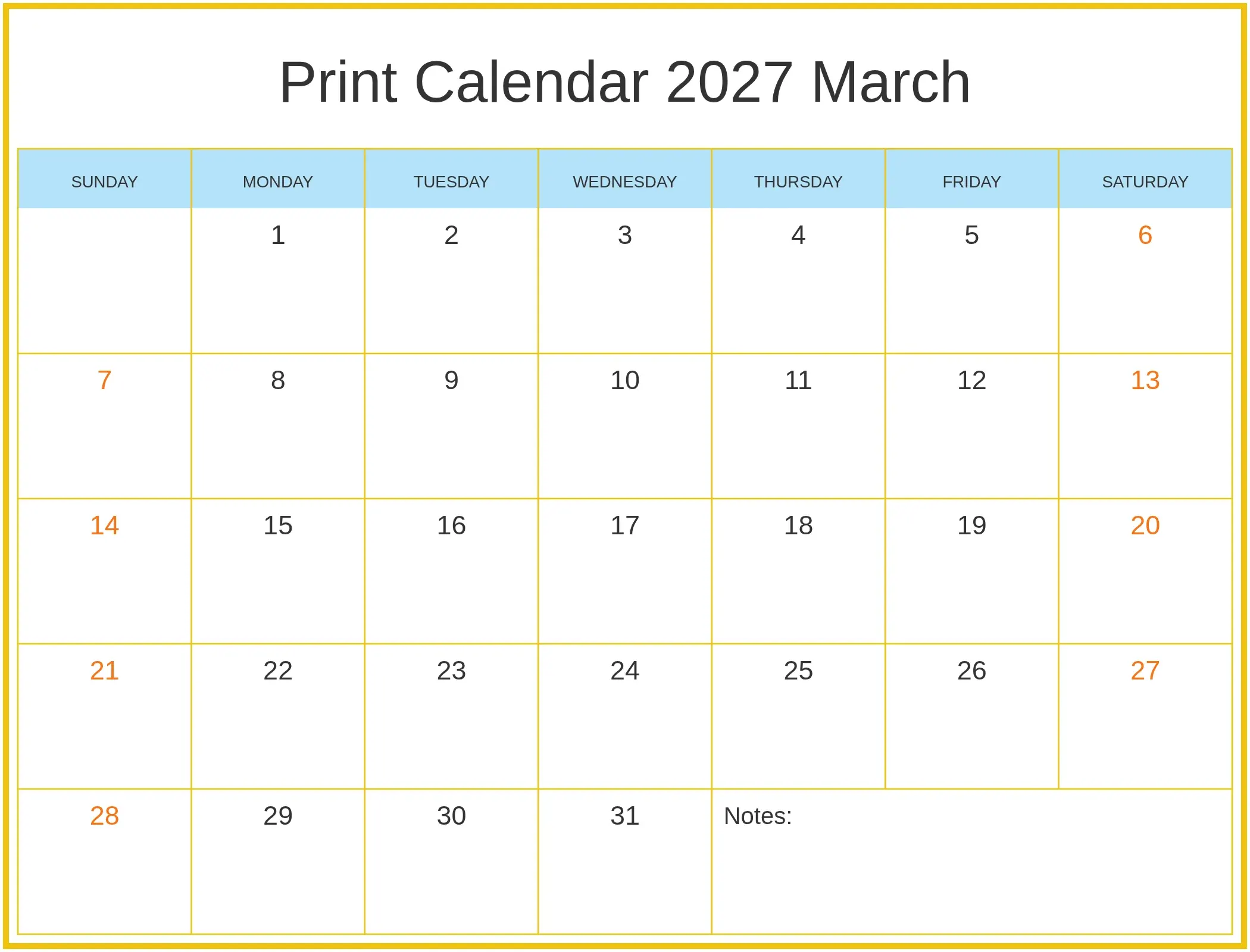 Print Calendar 2027 March with Notes Bottom Landscape