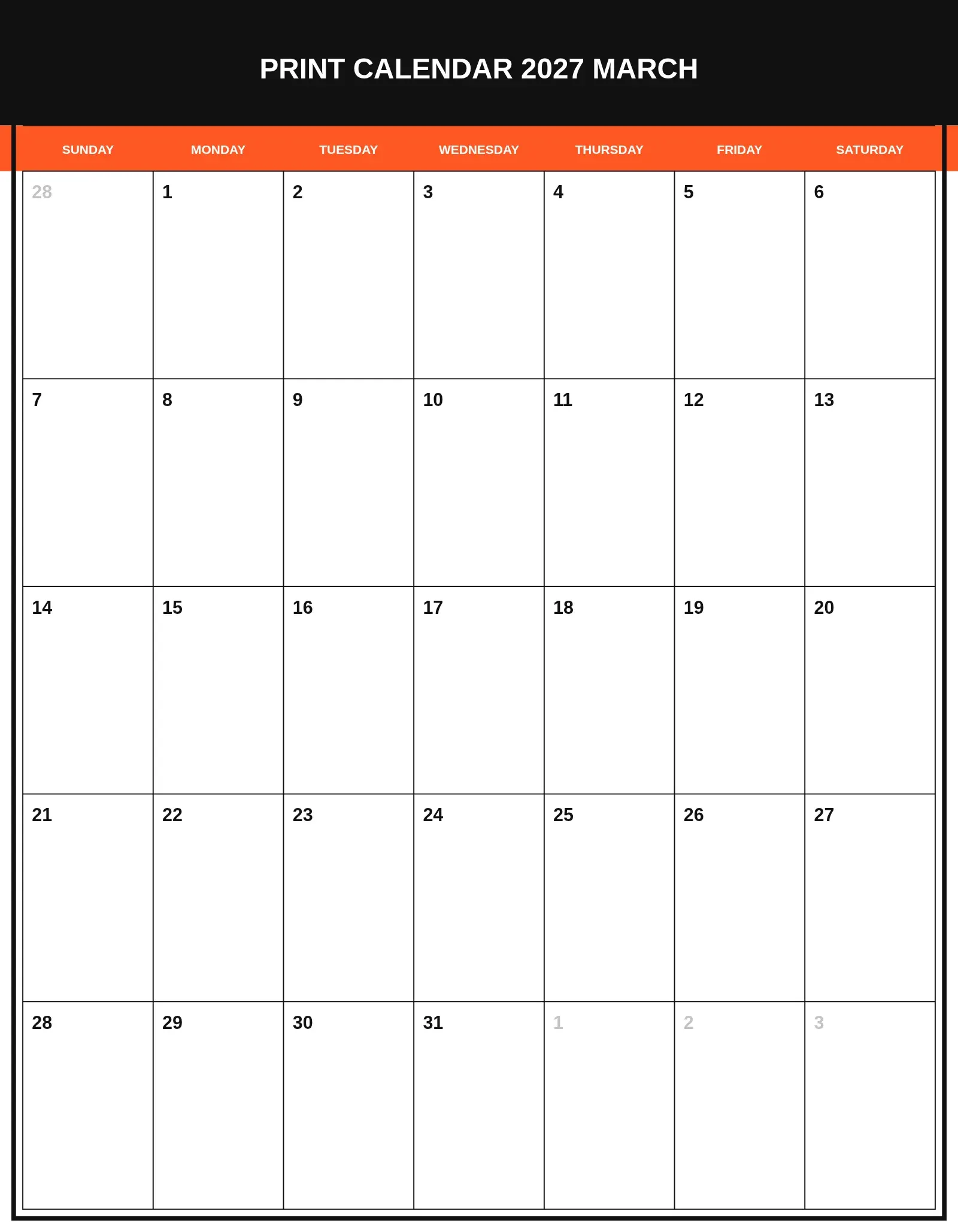 Print Calendar 2027 March With Portrait Template Print Calendar 2027 March With Portrait Template