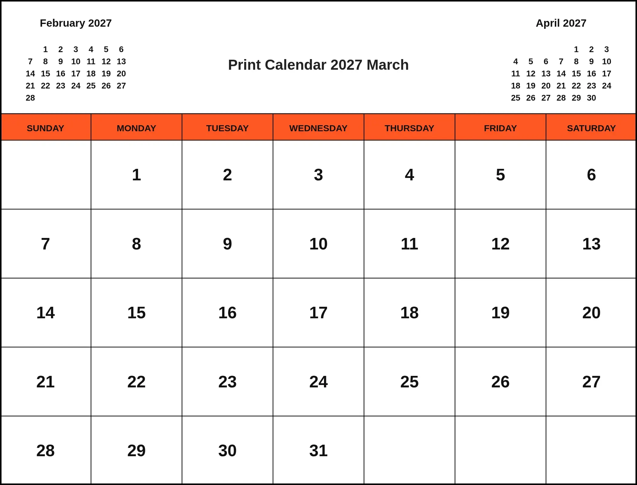 Print Calendar 2027 March With Three Month View Print Calendar 2027 March With Three Month View