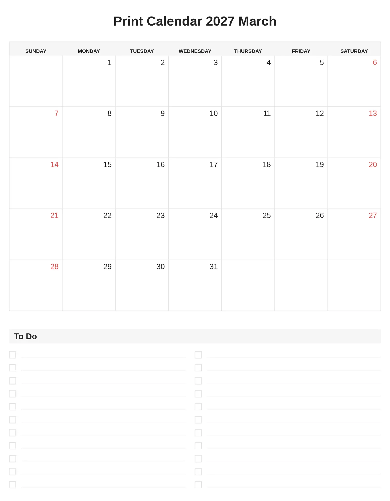 Print Calendar 2027 March With To Do List Bottom Portrait