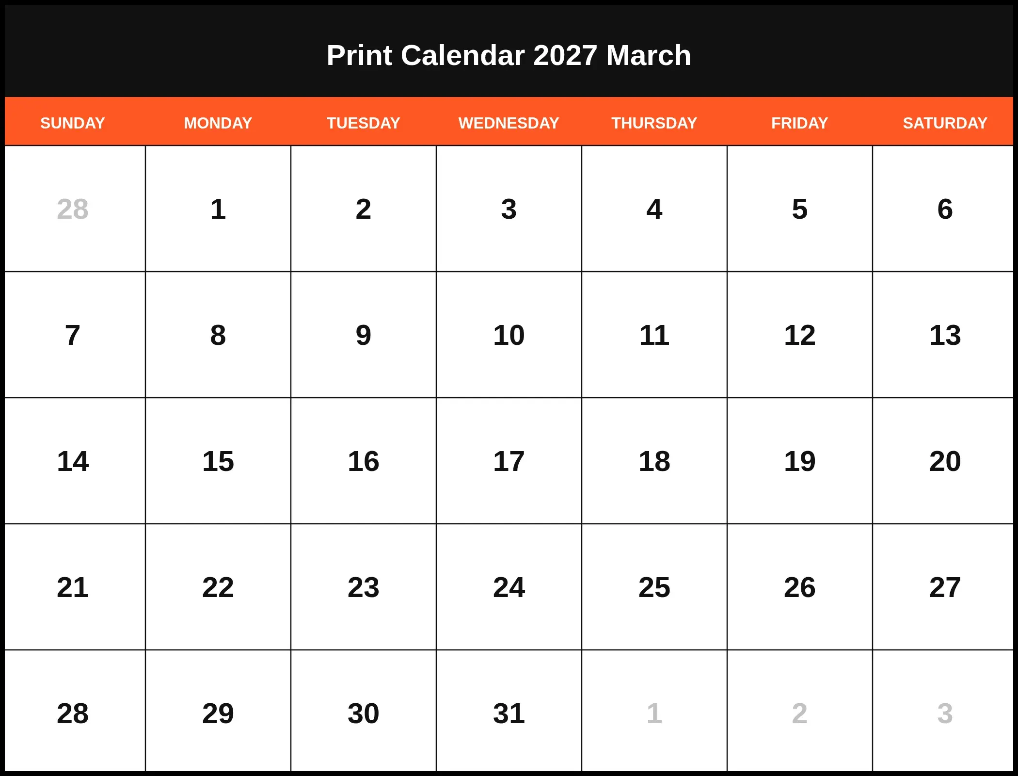 Print Calendar 2027 March