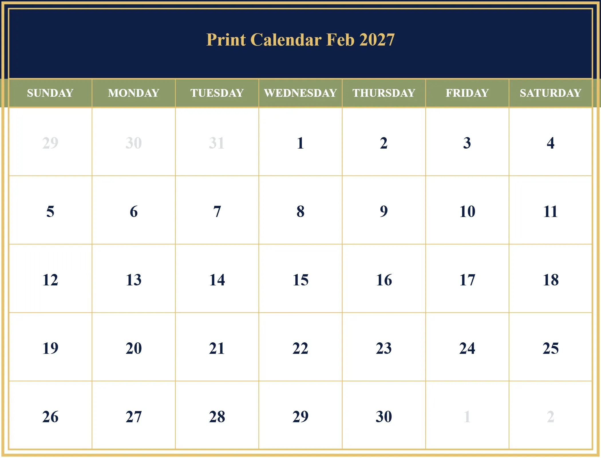 Print Calendar Feb 2027 Download Landscape