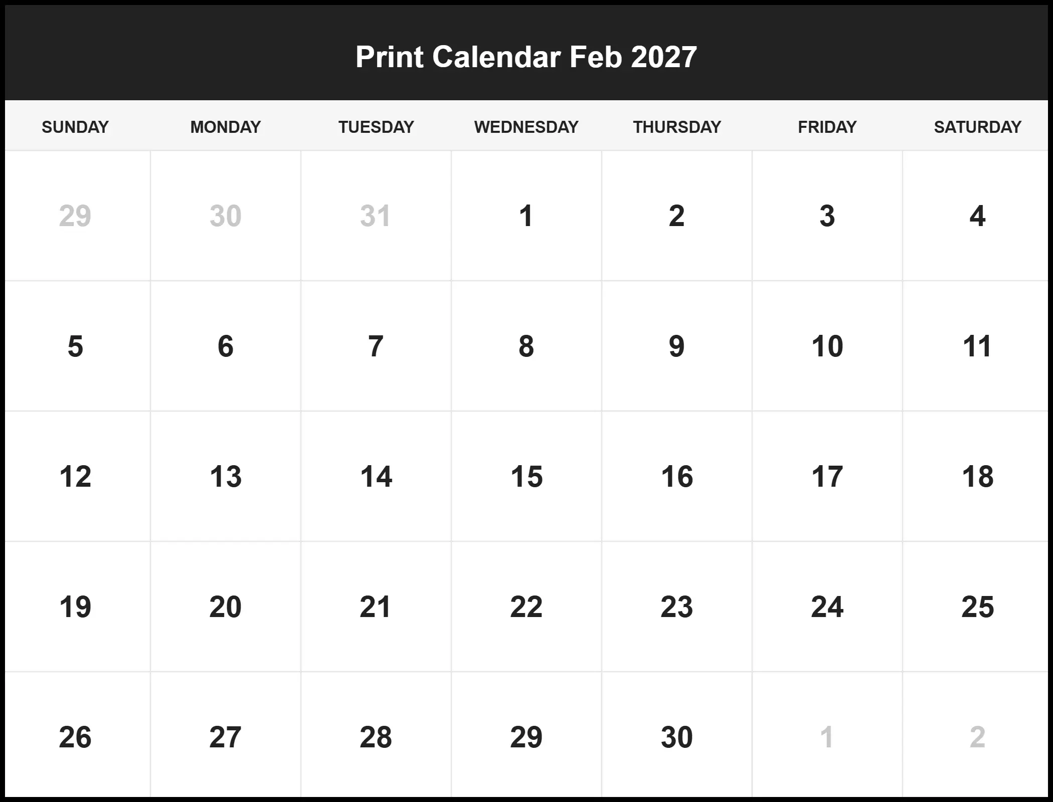Print Calendar Feb 2027 Pdf Print Calendar Feb 2027 Pdf