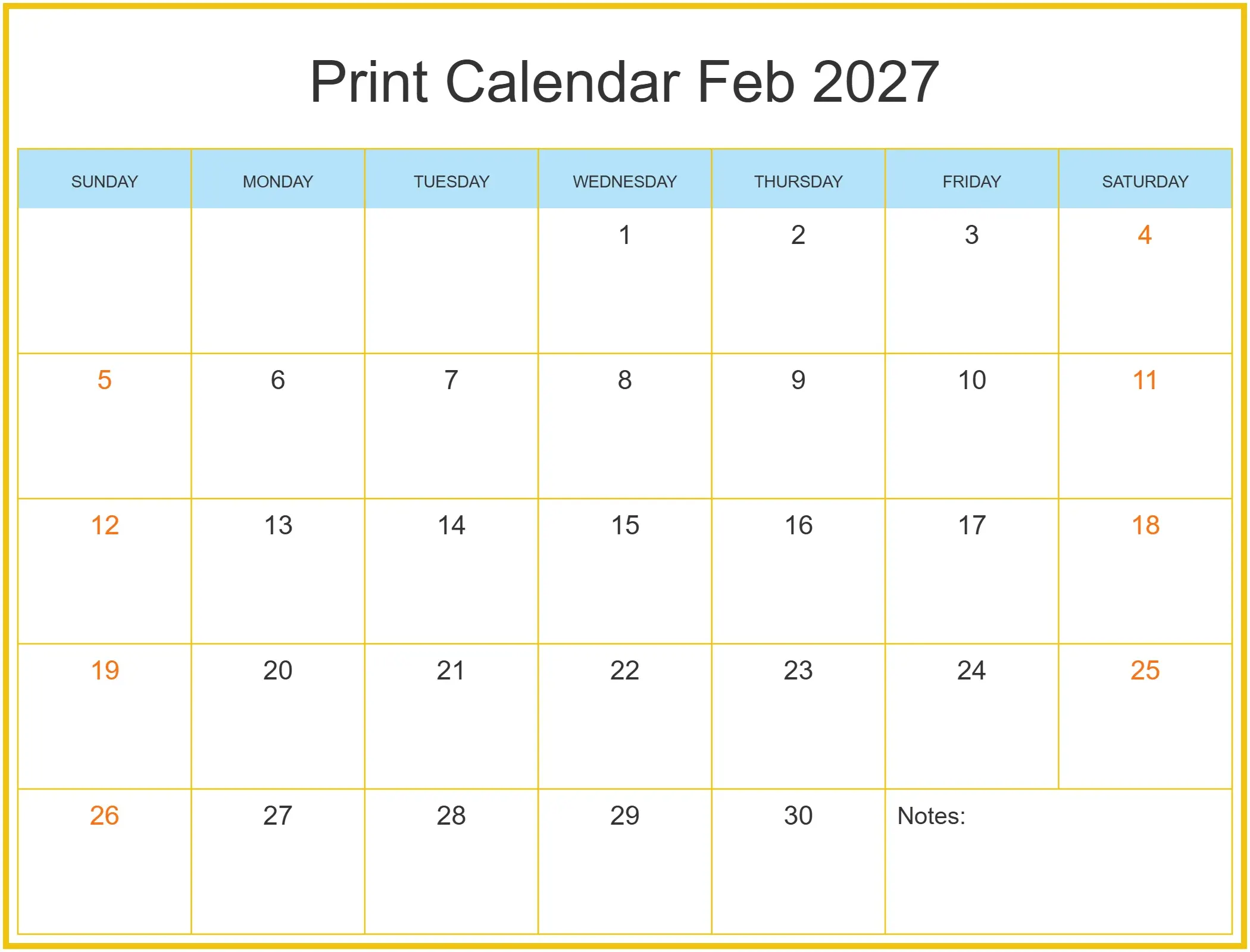 Print Calendar Feb 2027 with Notes Bottom Landscape