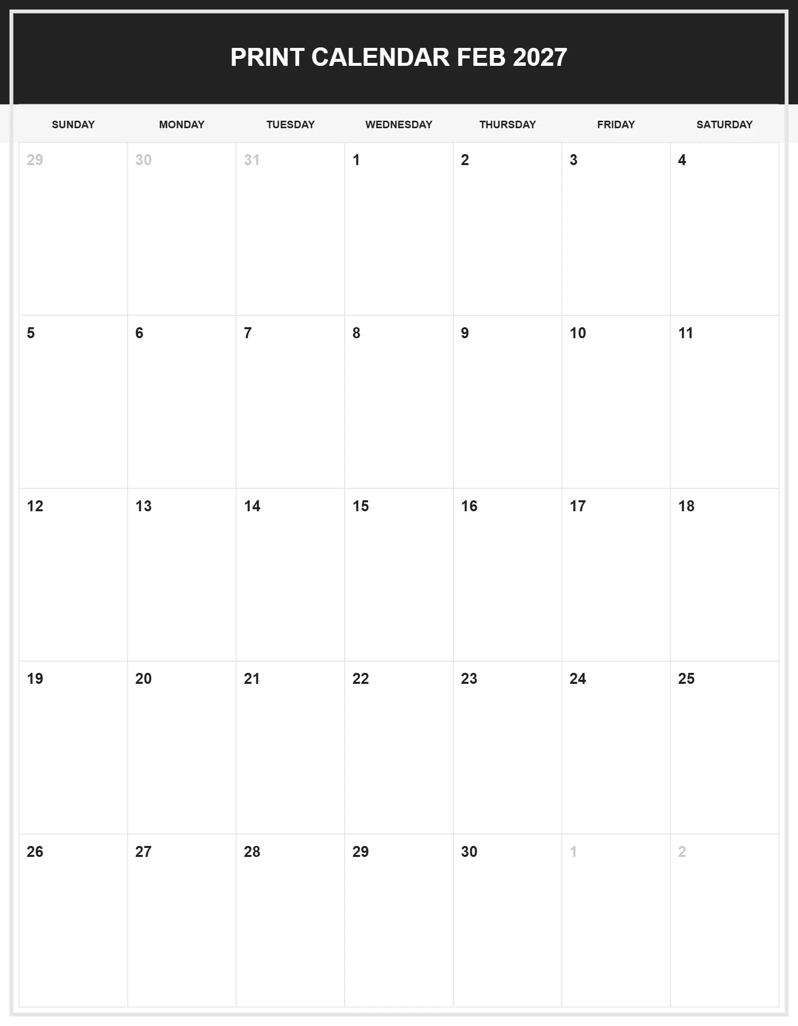 Print Calendar Feb 2027 With Portrait Template Print Calendar Feb 2027 With Portrait Template