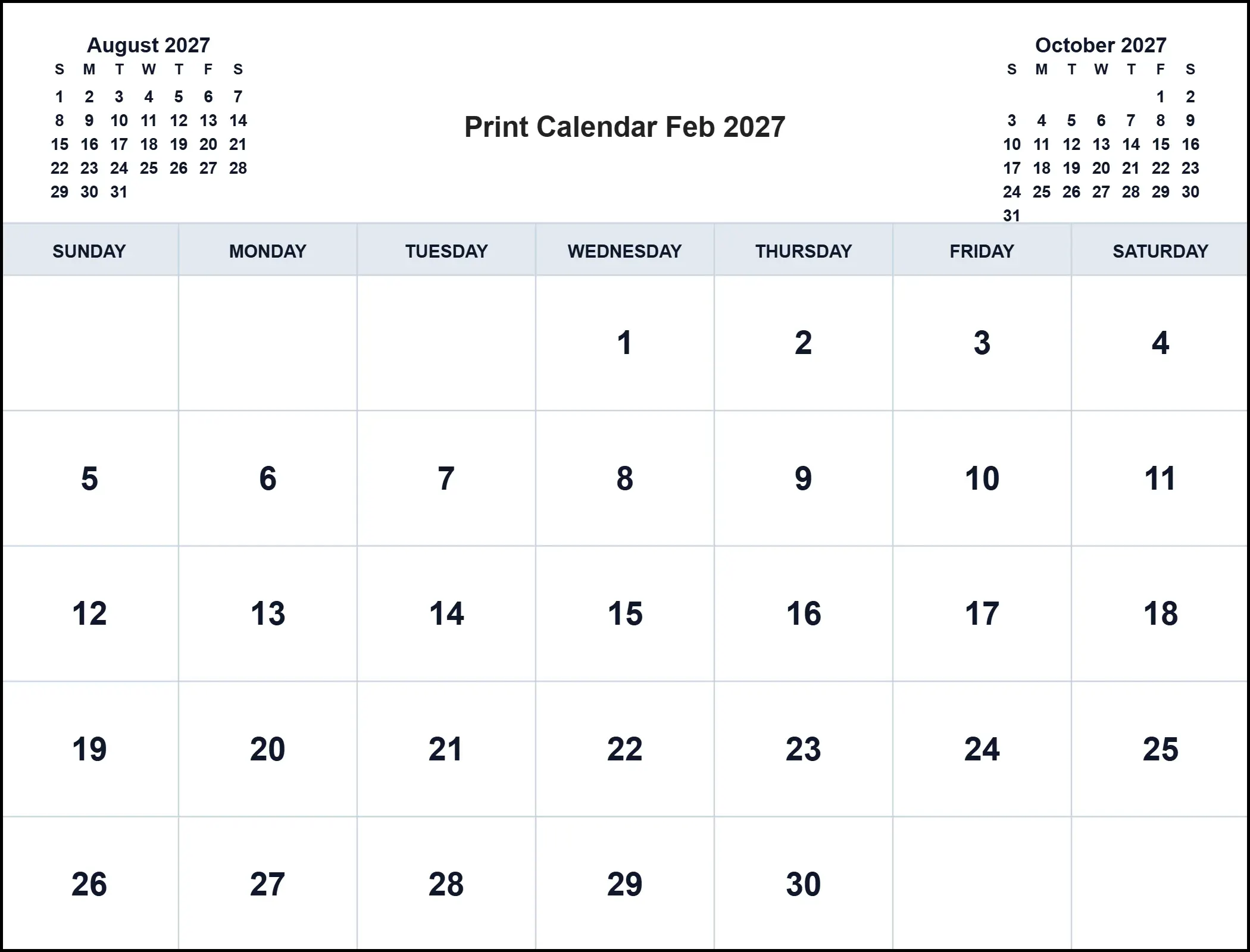 Print Calendar Feb 2027 With Three Month View Print Calendar Feb 2027 With Three Month View