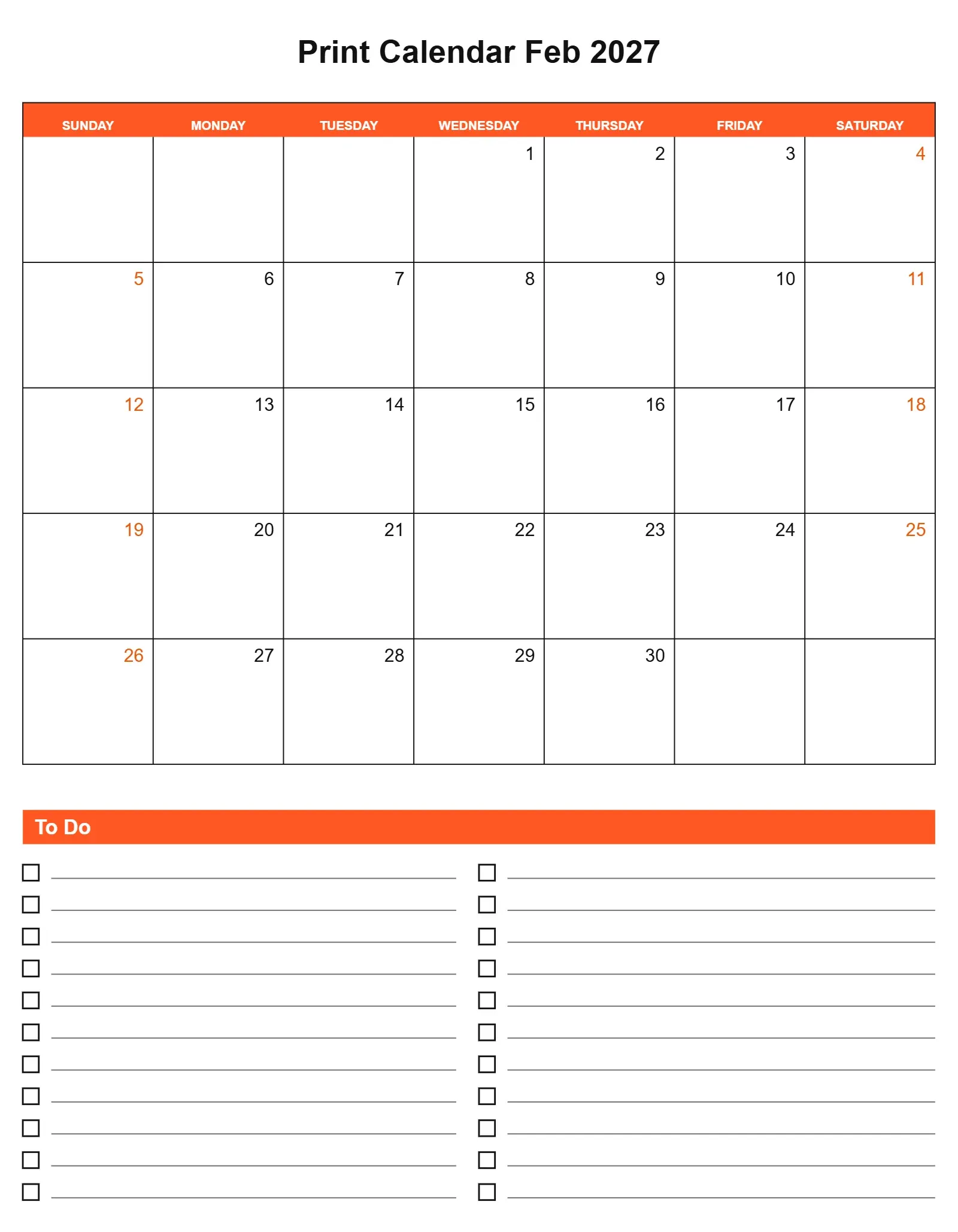 Print Calendar Feb 2027 With To Do List Bottom Portrait