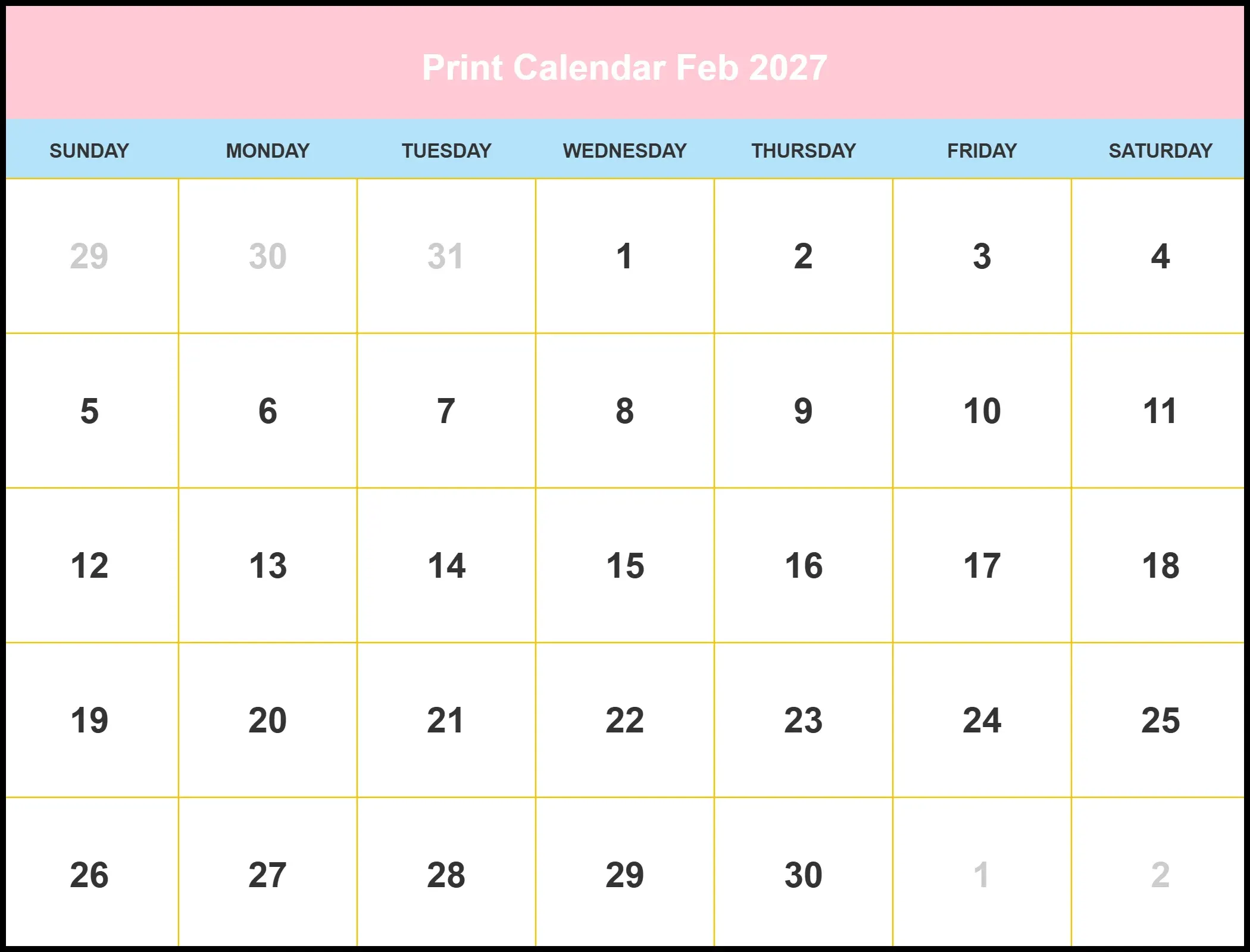 Print Calendar Feb 2027 Print Calendar Feb 2027