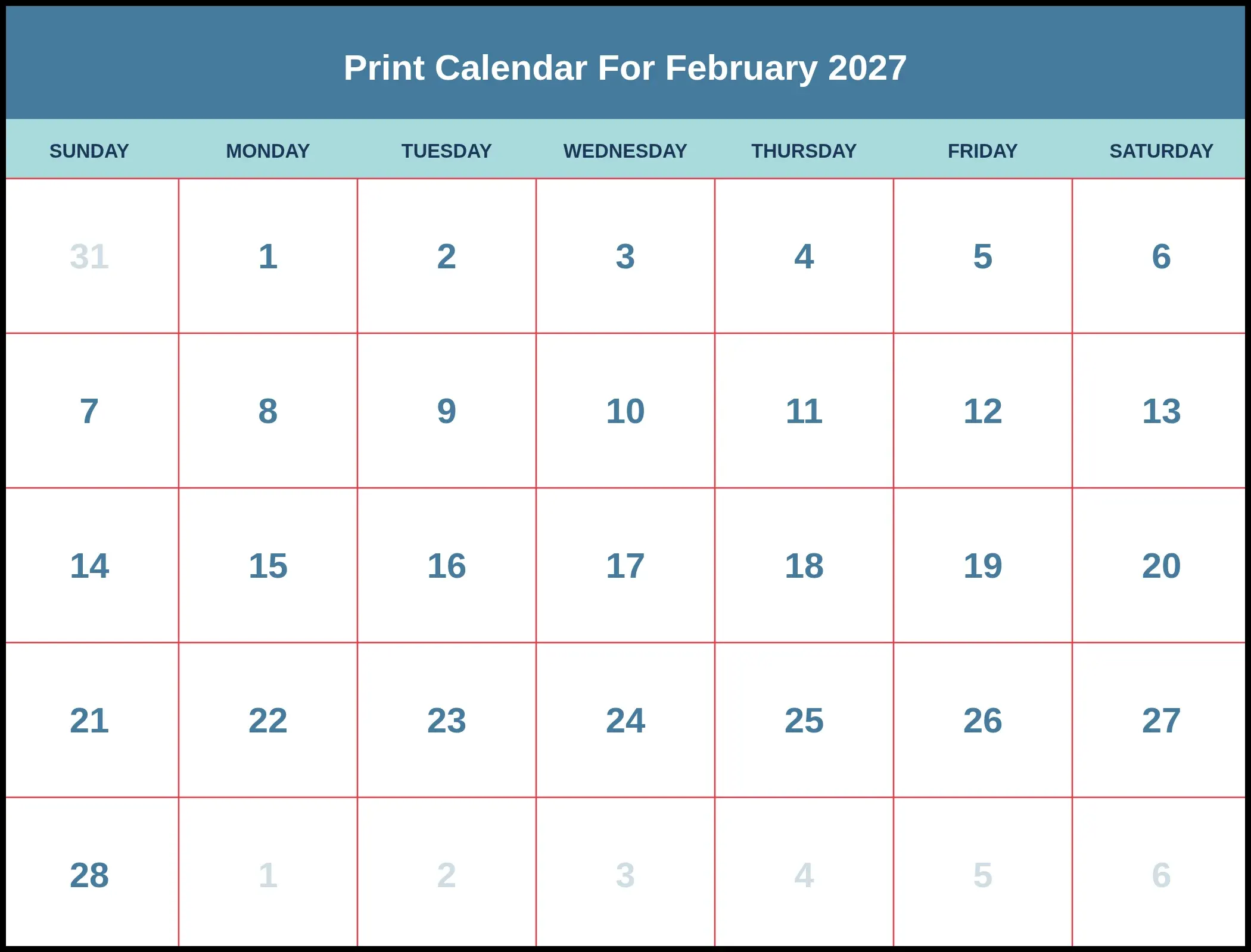 Print Calendar For February 2027 Print Calendar For February 2027