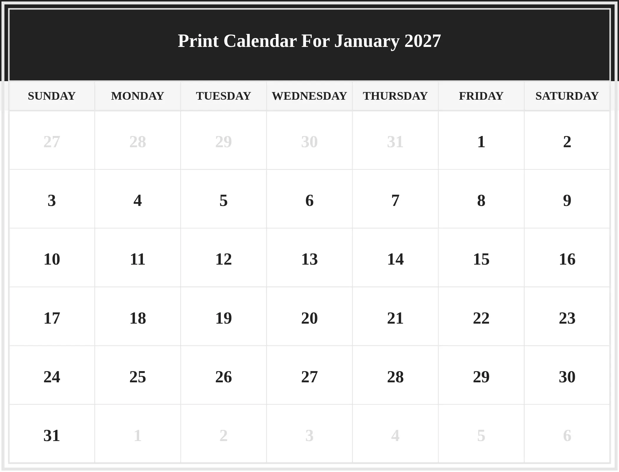 Print Calendar For January 2027 Download Landscape