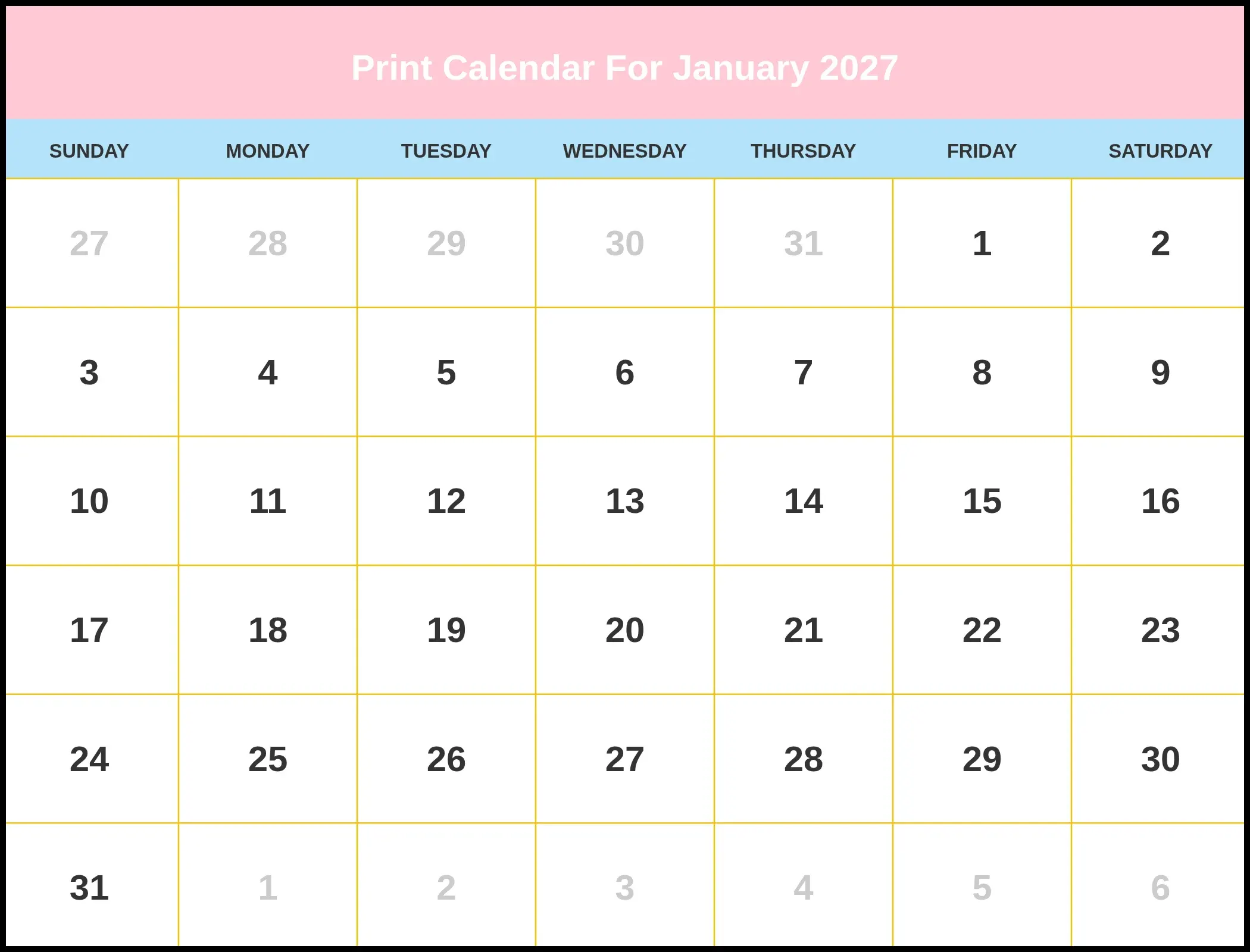 Print Calendar For January 2027 Pdf