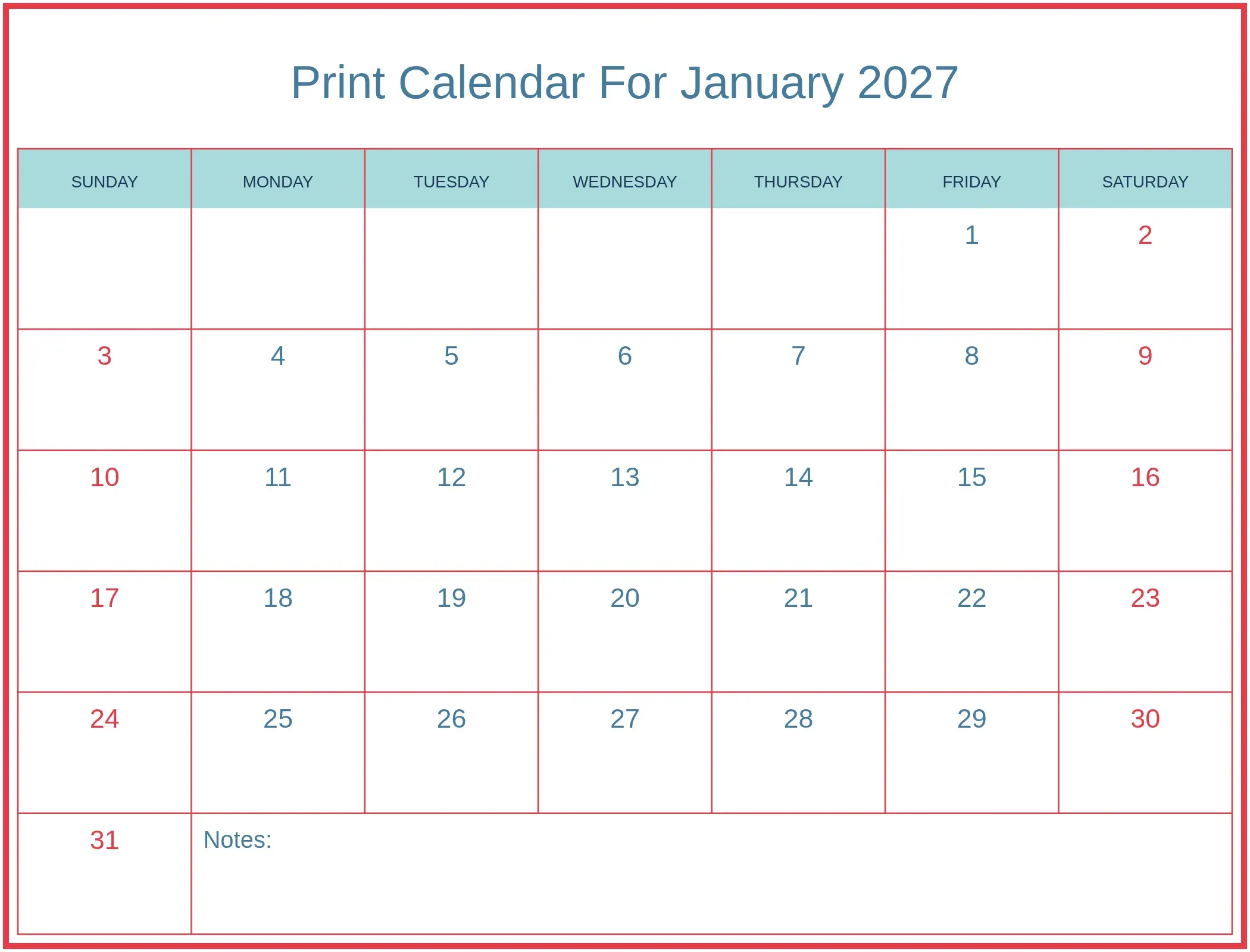 Print Calendar For January 2027 with Notes Bottom Landscape Print Calendar For January 2027 with Notes Bottom Landscape
