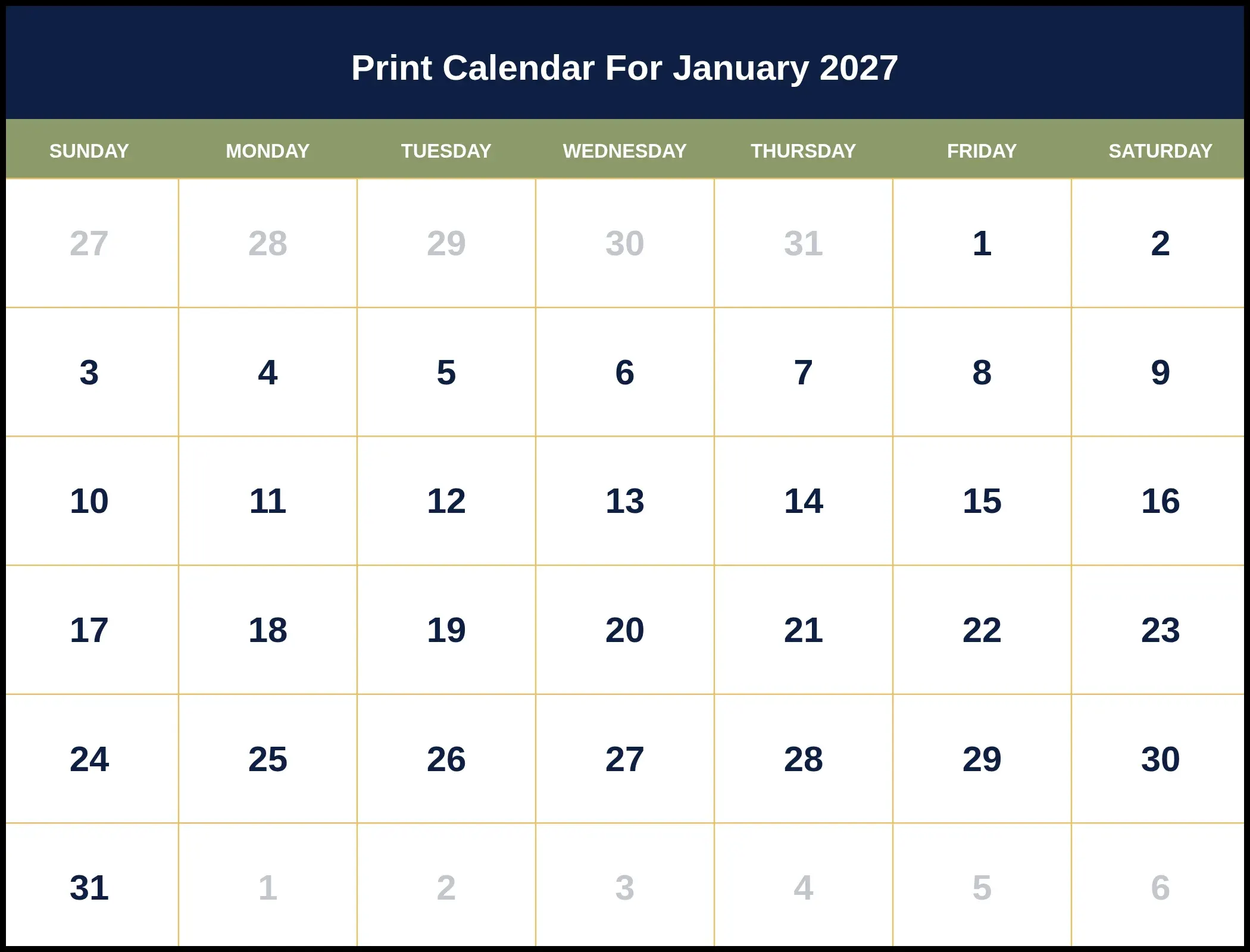Print Calendar For January 2027 Print Calendar For January 2027